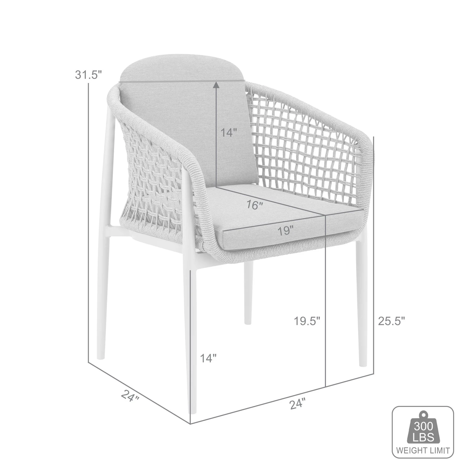 Rhodes Outdoor Patio Dining Chair in Aluminum with Light Gray Rope and Cushions - Set of 2 - Image 10