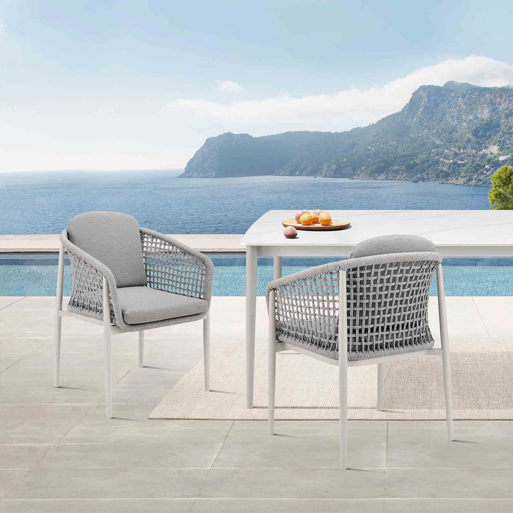 Rhodes Outdoor Patio Dining Chair in Aluminum with Light Gray Rope and Cushions - Set of 2 - Image 11