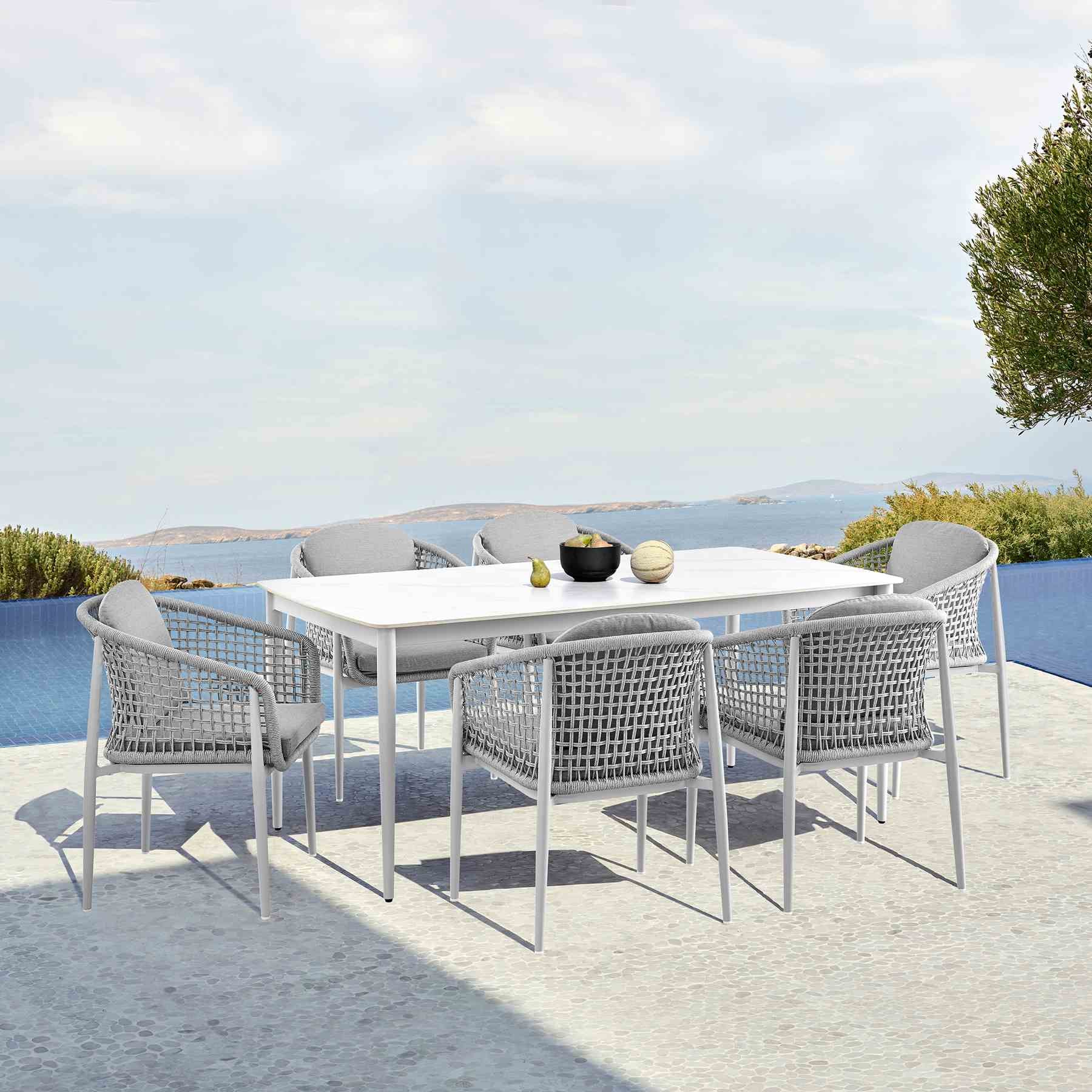 Rhodes Outdoor Patio Rectangular Dining Table in Snowy Sintered Stone and Porcelain Finish - Image 8