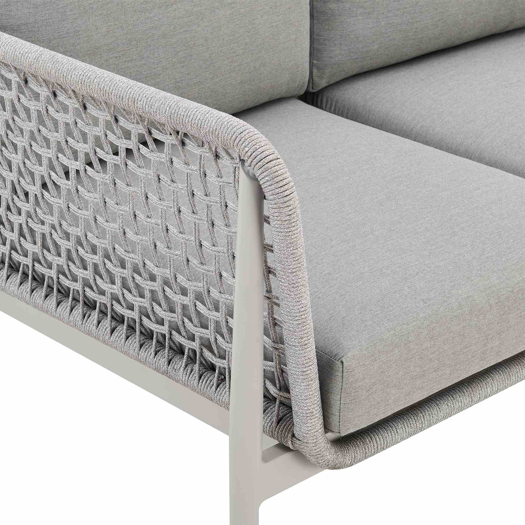 Rhodes Outdoor Patio Sofa in Aluminum with Light Gray Rope and Cushions - Image 7