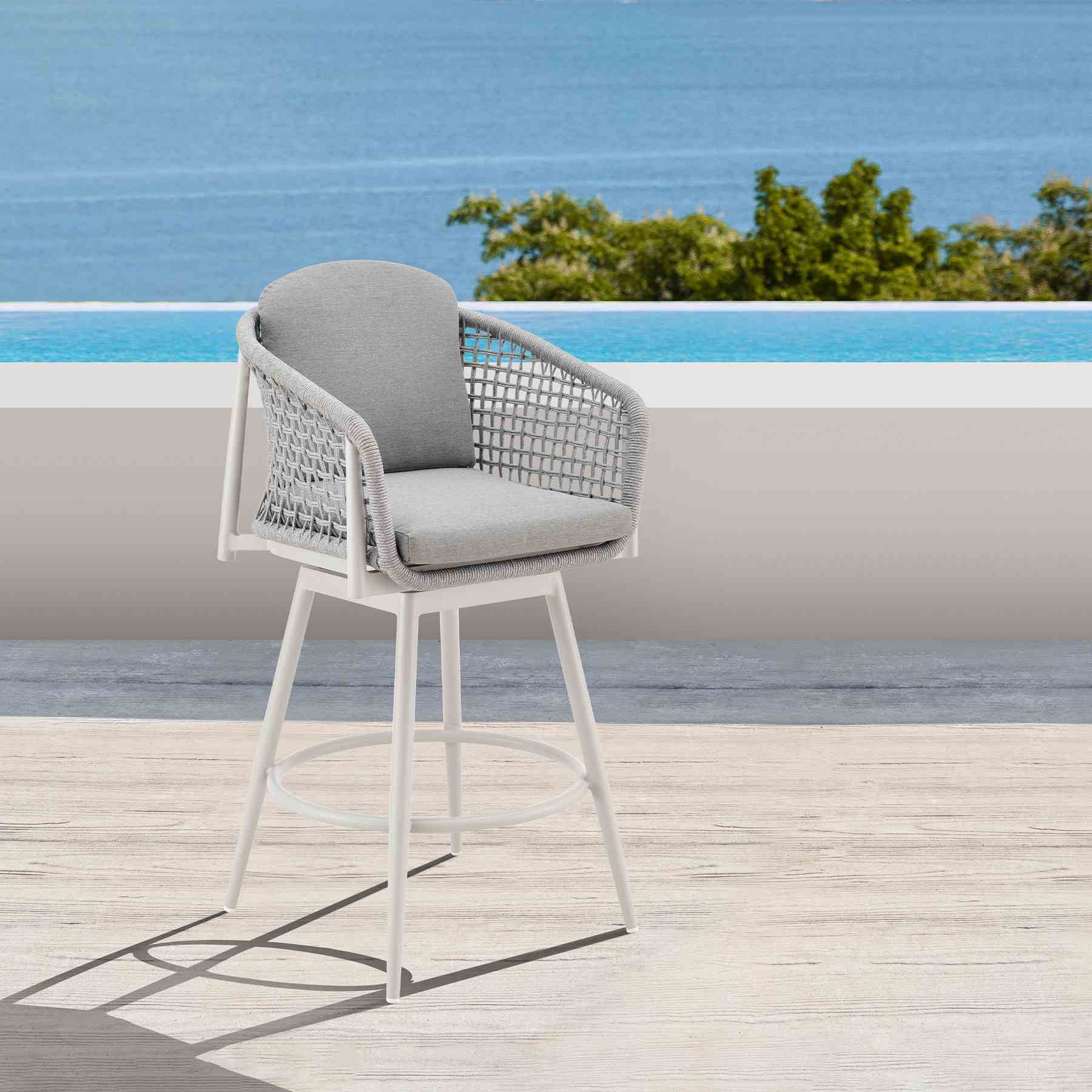 Rhodes Outdoor Patio Swivel Bar Stool in Aluminum with Light Gray Rope and Cushions - Image 10