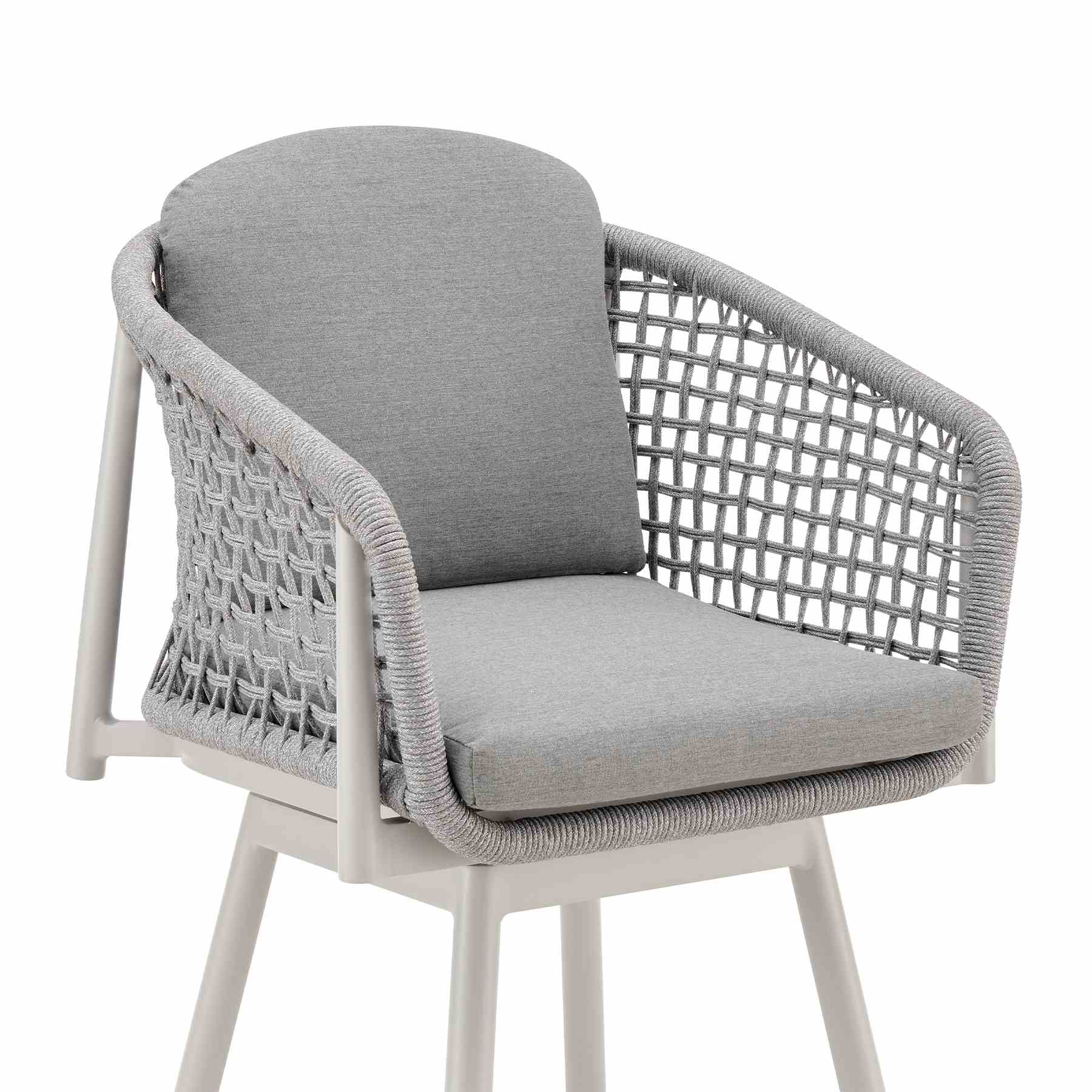 Rhodes Outdoor Patio Swivel Bar Stool in Aluminum with Light Gray Rope and Cushions - Image 4