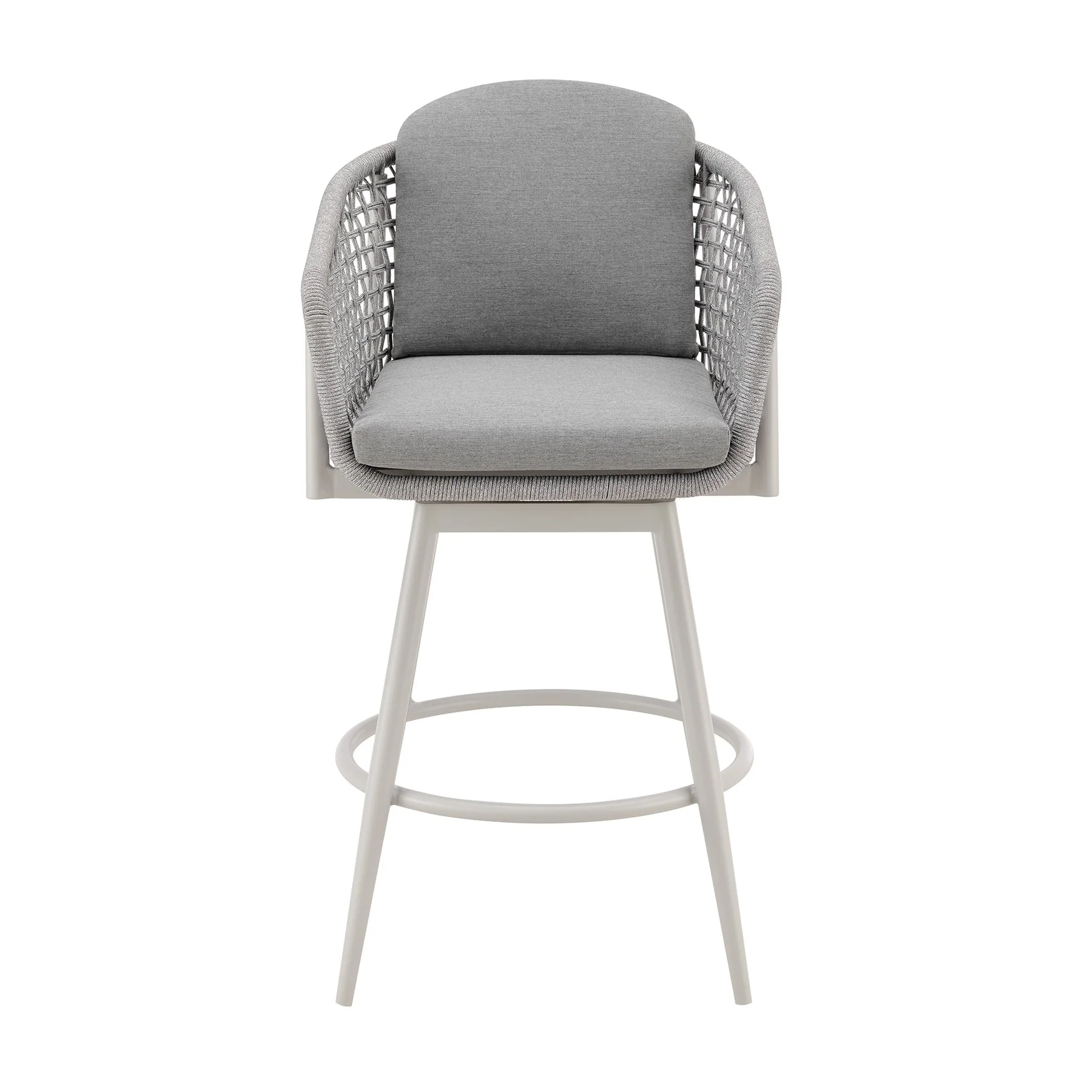 Rhodes Outdoor Patio Swivel Counter Stool in Aluminum with Light Gray Rope and Cushions - Image 2