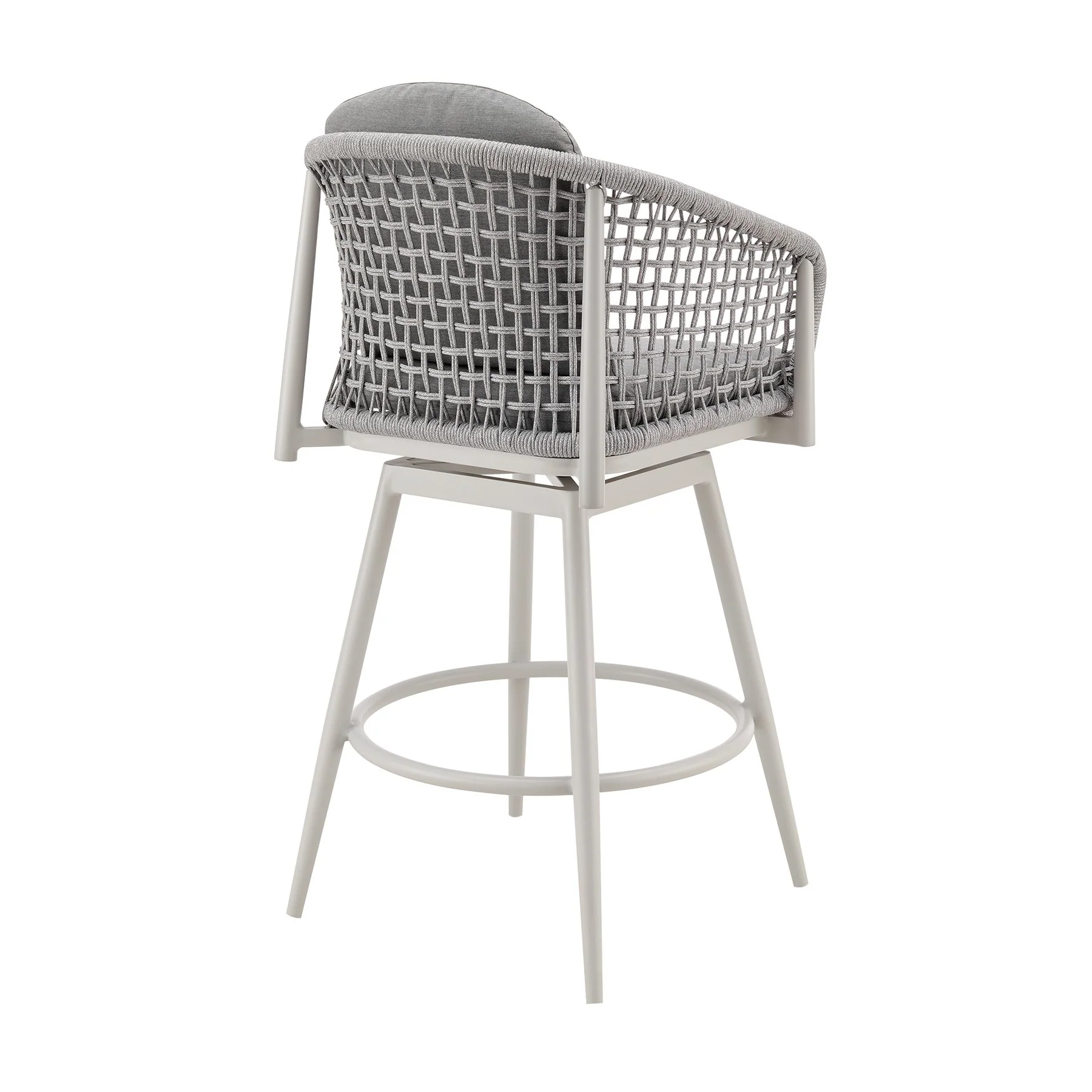 Rhodes Outdoor Patio Swivel Counter Stool in Aluminum with Light Gray Rope and Cushions - Image 3