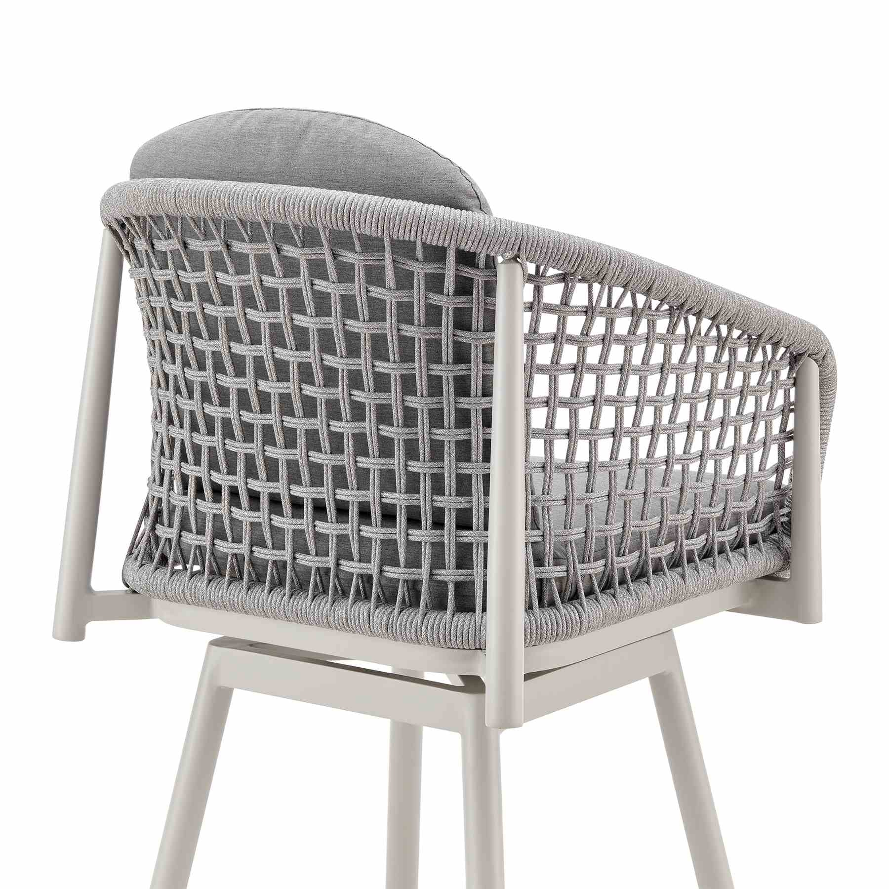 Rhodes Outdoor Patio Swivel Counter Stool in Aluminum with Light Gray Rope and Cushions - Image 5