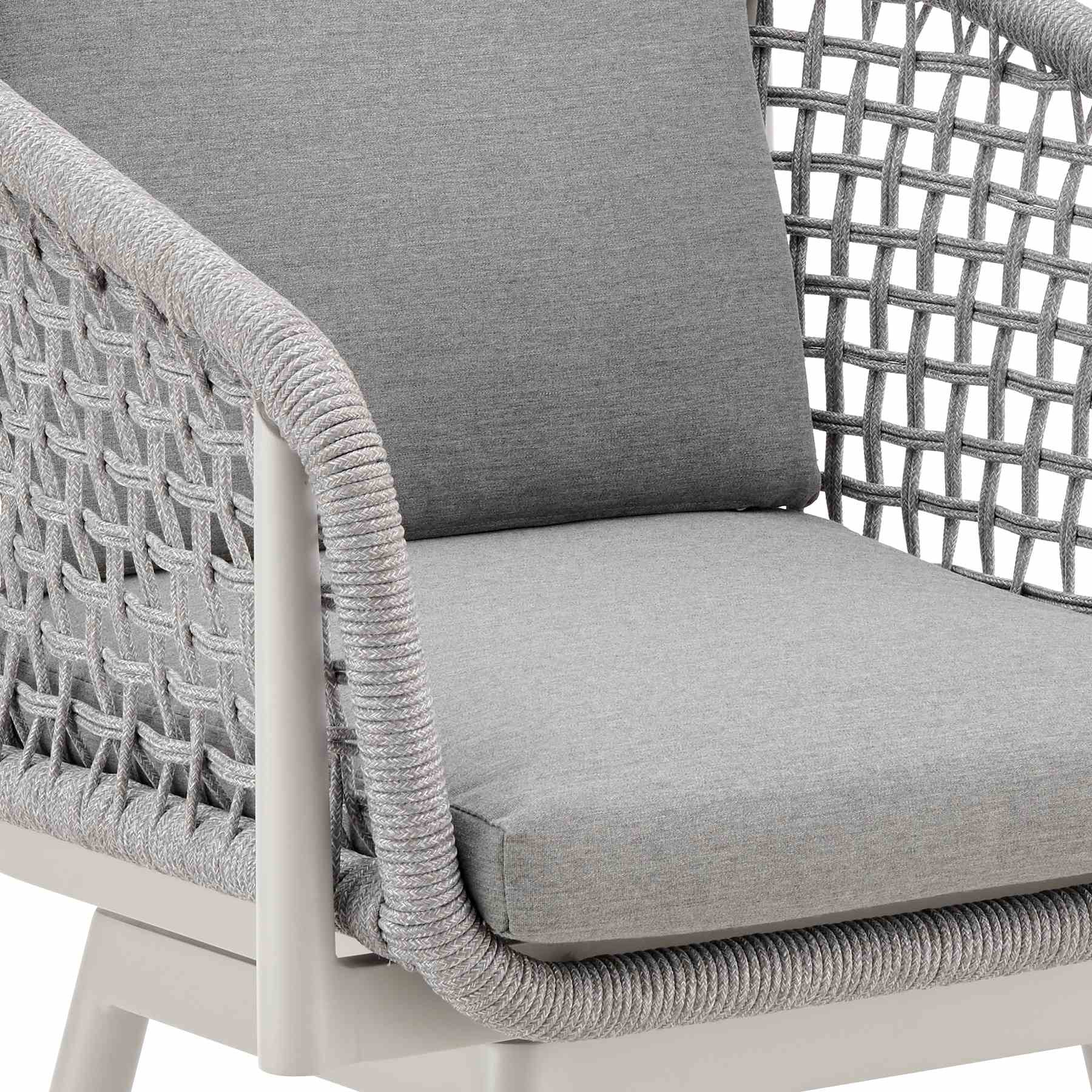 Rhodes Outdoor Patio Swivel Counter Stool in Aluminum with Light Gray Rope and Cushions - Image 6