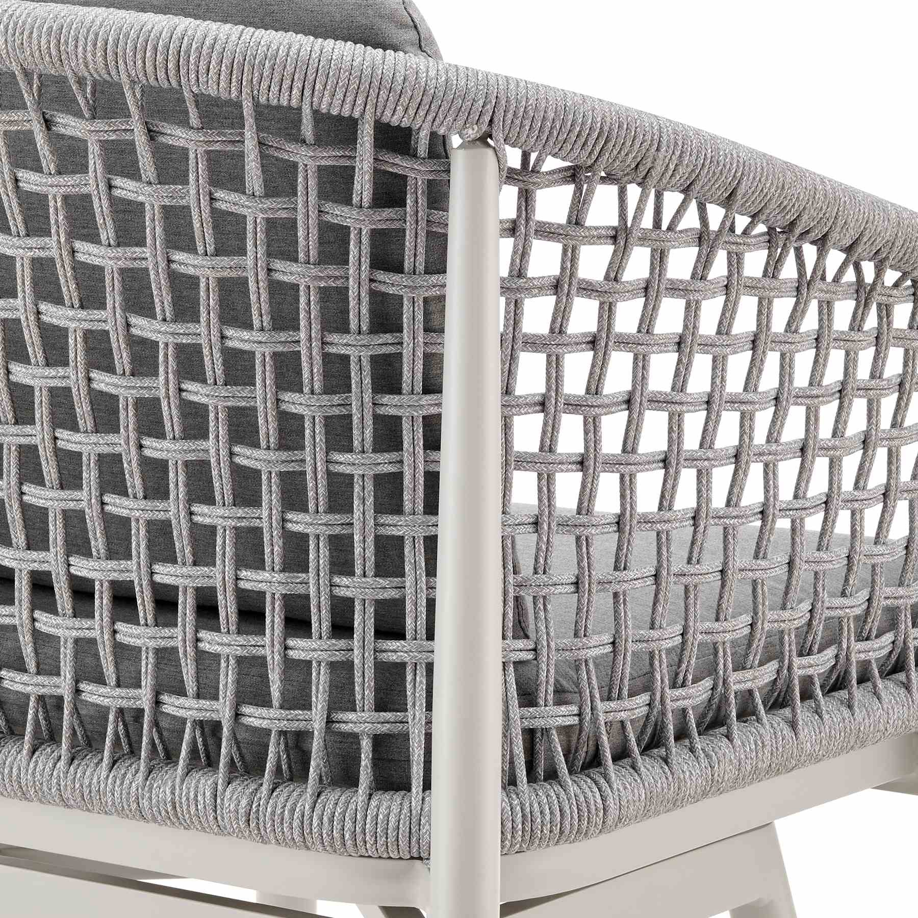 Rhodes Outdoor Patio Swivel Counter Stool in Aluminum with Light Gray Rope and Cushions - Image 7