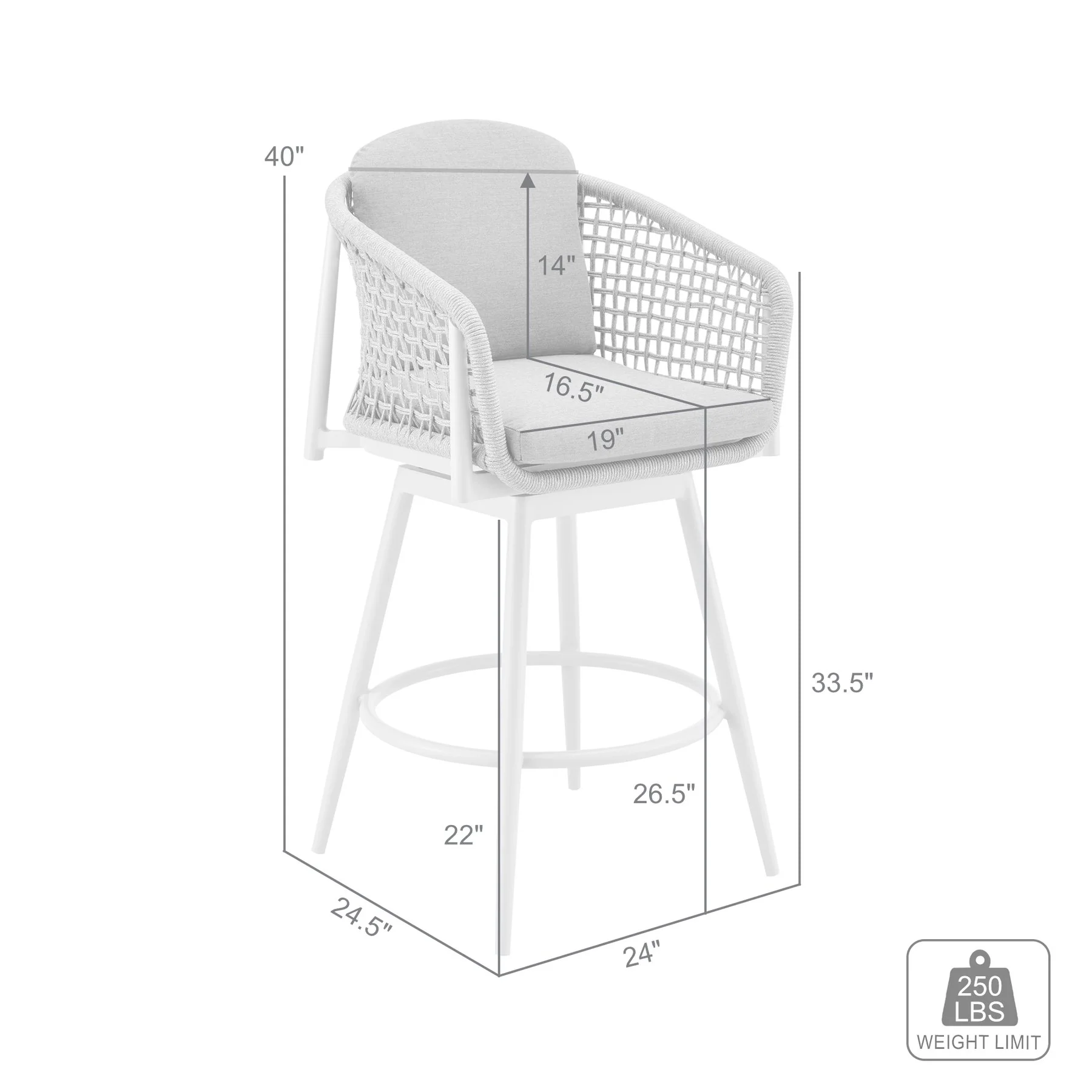 Rhodes Outdoor Patio Swivel Counter Stool in Aluminum with Light Gray Rope and Cushions - Image 9
