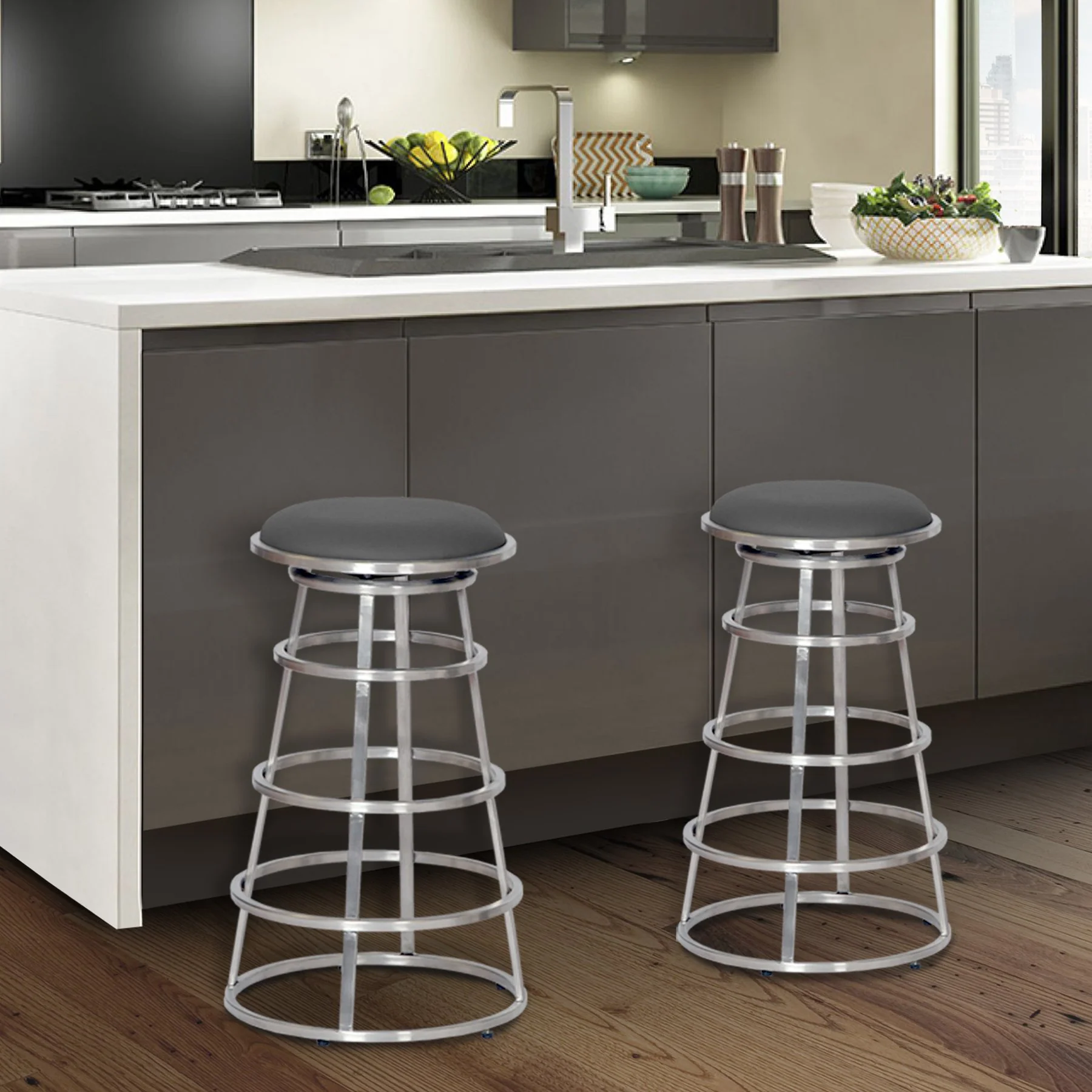 Ringo 26" Backless Brushed Stainless Steel Barstool in Gray Faux Leather - Image 4