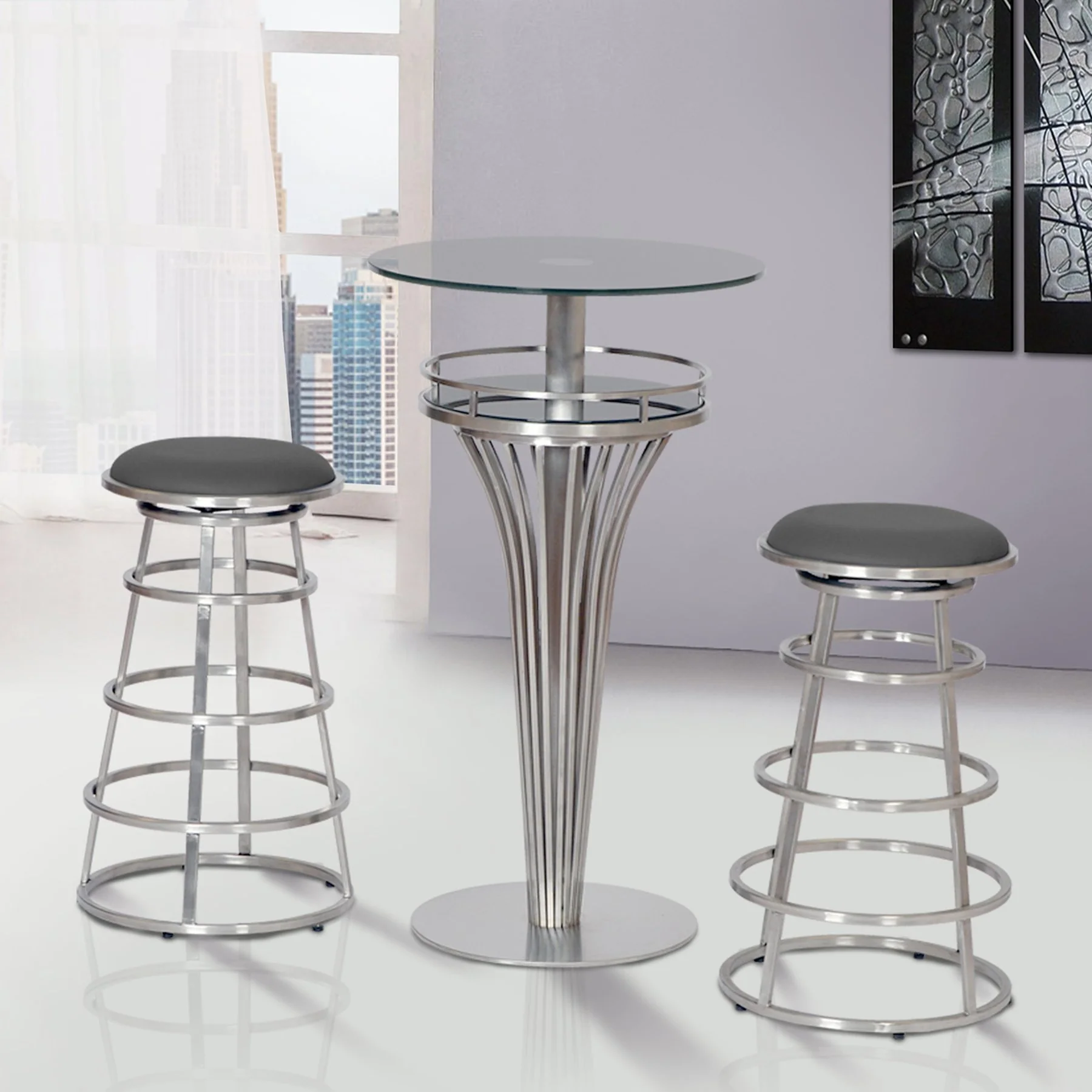 Ringo 30" Backless Brushed Stainless Steel Barstool in Gray Faux Leather - Image 5