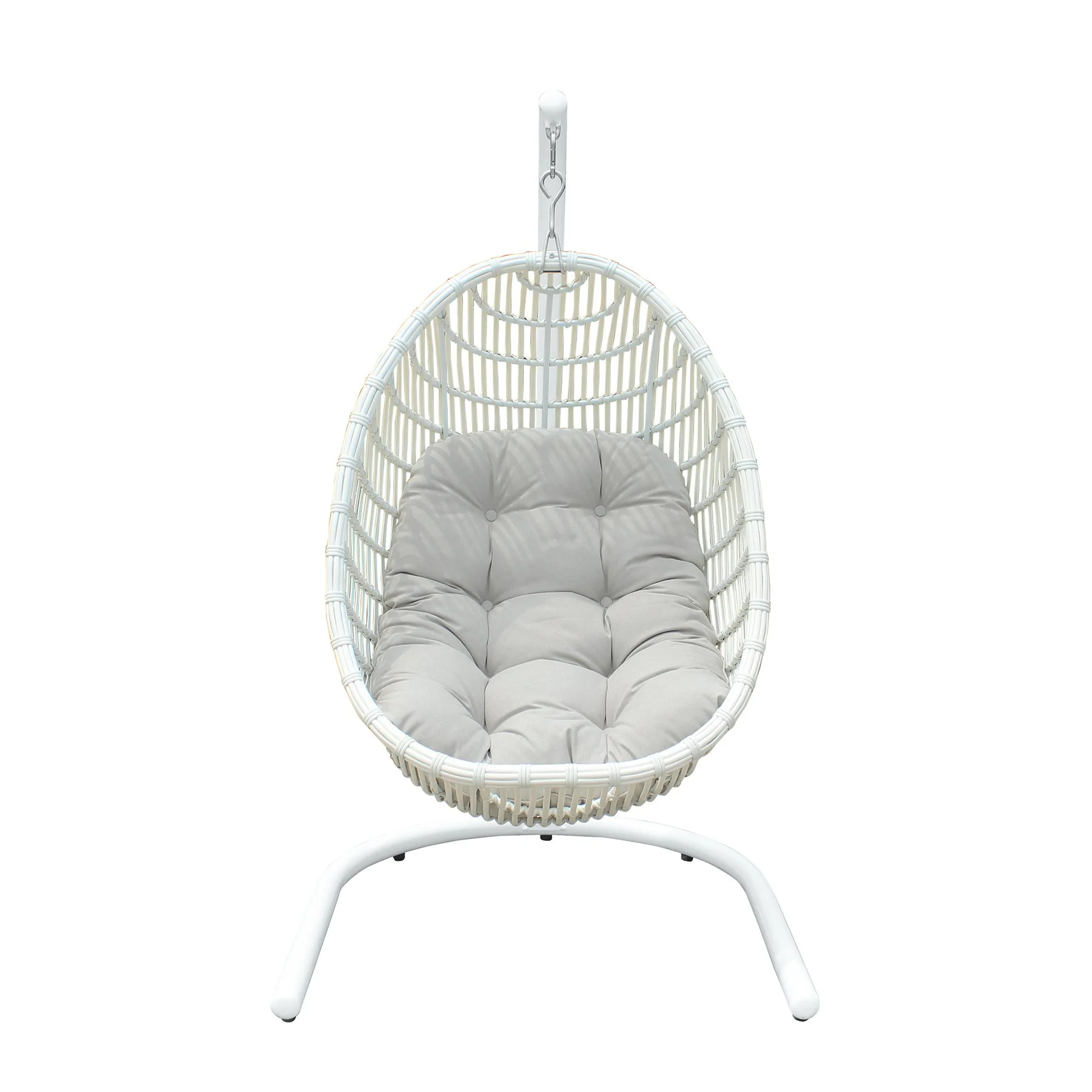 Rio indoor Outdoor Hanging Egg Swing Chair in White Wicker with White Iron Stand - Image 2