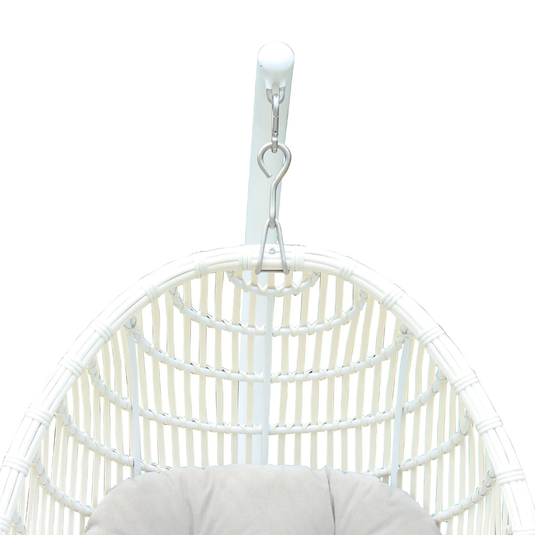 Rio indoor Outdoor Hanging Egg Swing Chair in White Wicker with White Iron Stand - Image 7