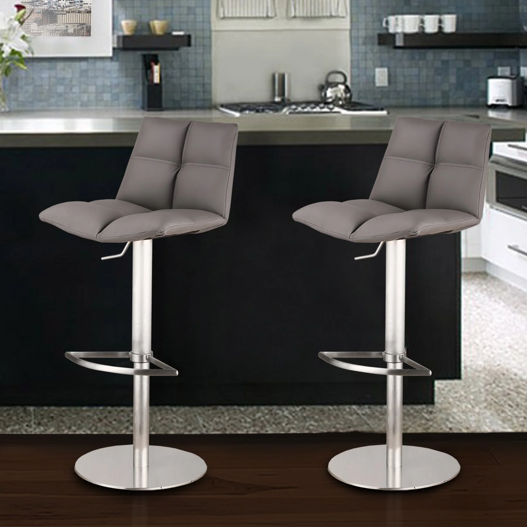Roma Adjustable Brushed Stainless Steel Barstool in Gray Faux Leather - Image 2
