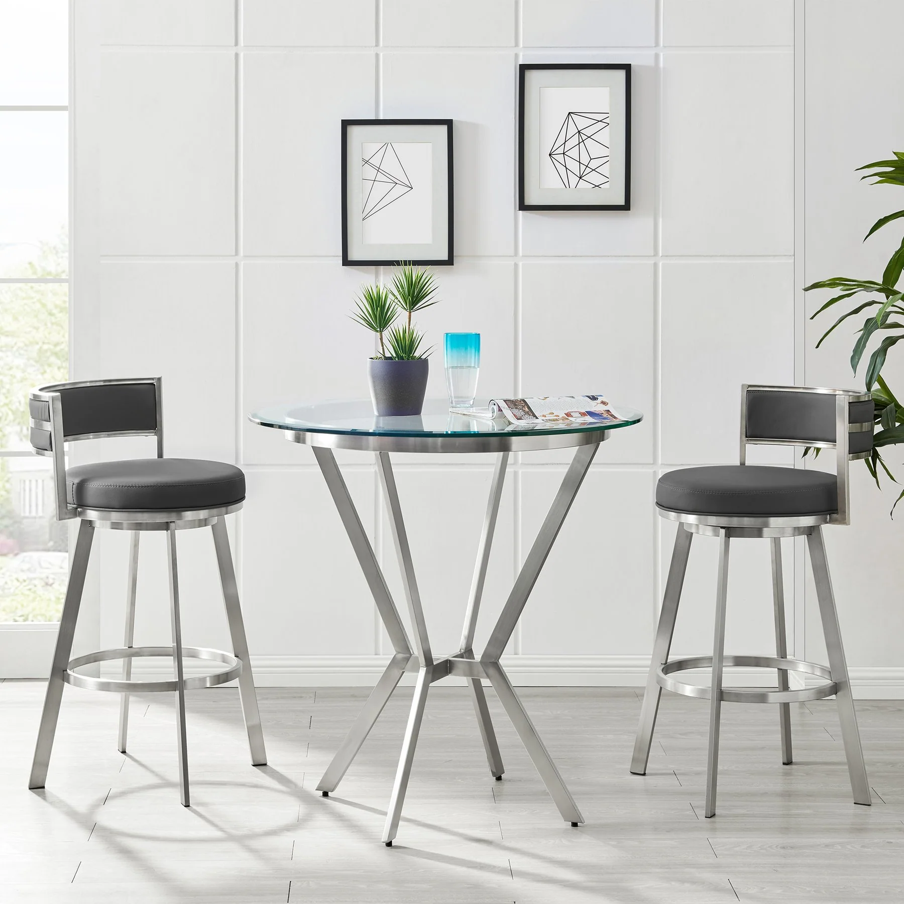 Roman 26" Gray Faux Leather and Brushed Stainless Steel Swivel Bar Stool - Image 9