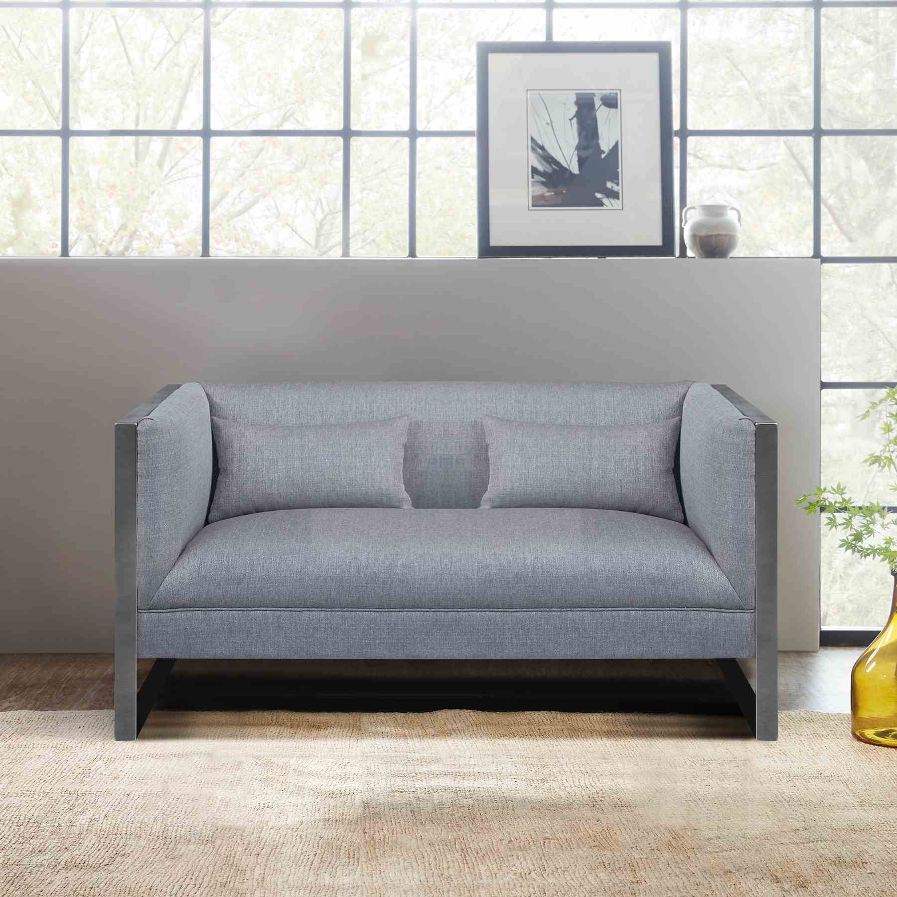 Royce Contemporary Loveseat with Polished Stainless Steel and Gray Fabric - Image 3