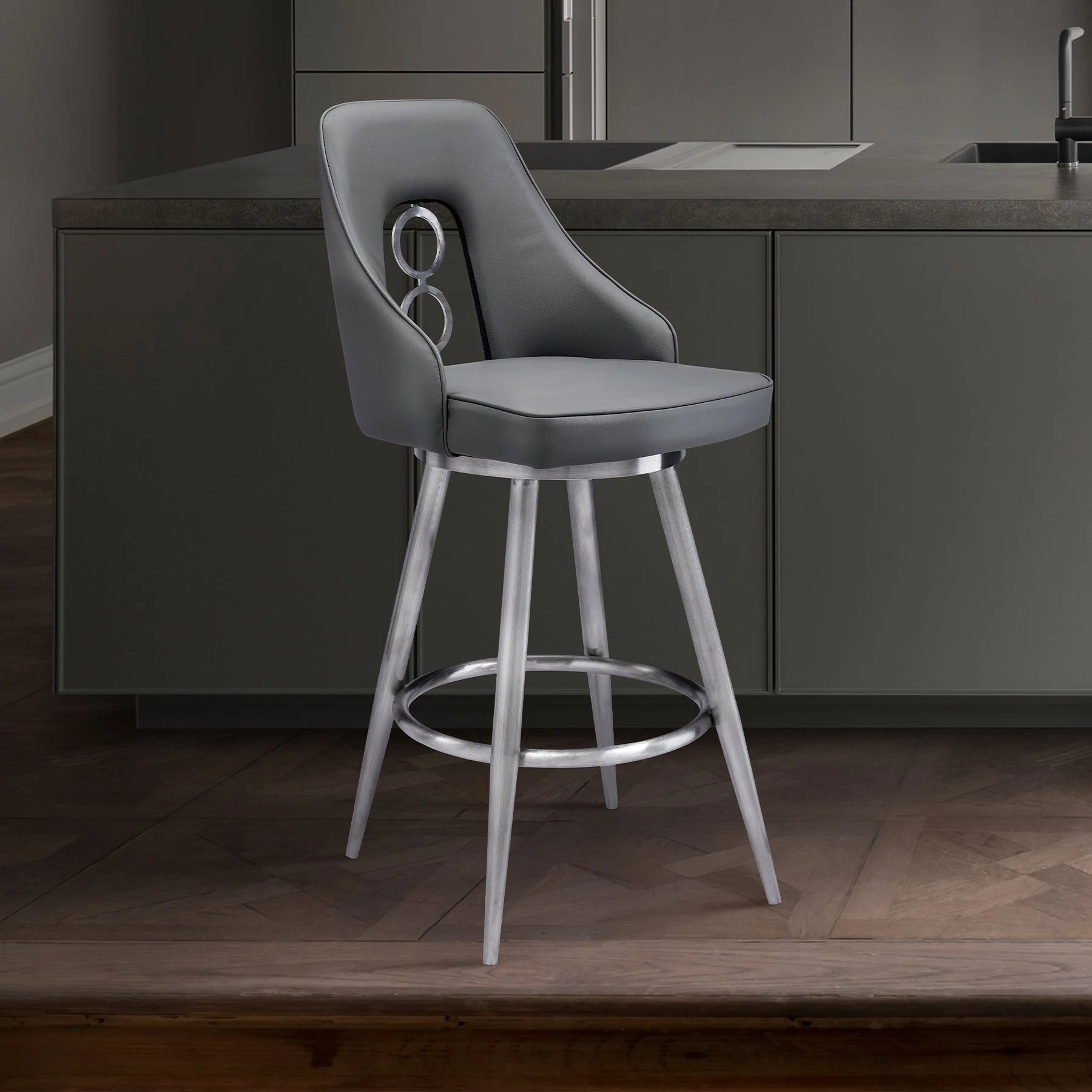 Ruby 30" Bar Height Swivel Black Faux Leather and Brushed Stainless Steel Bar Stool - Image 8