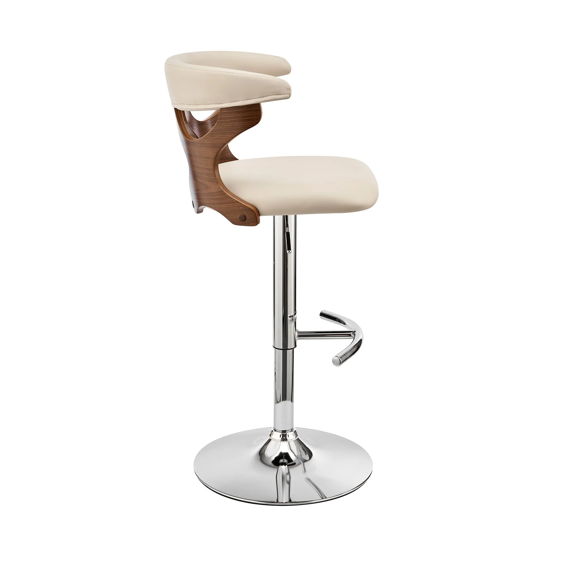 Ruth Adjustable Swivel Cream Faux Leather and Walnut Wood Bar Stool with Chrome Base - Image 3