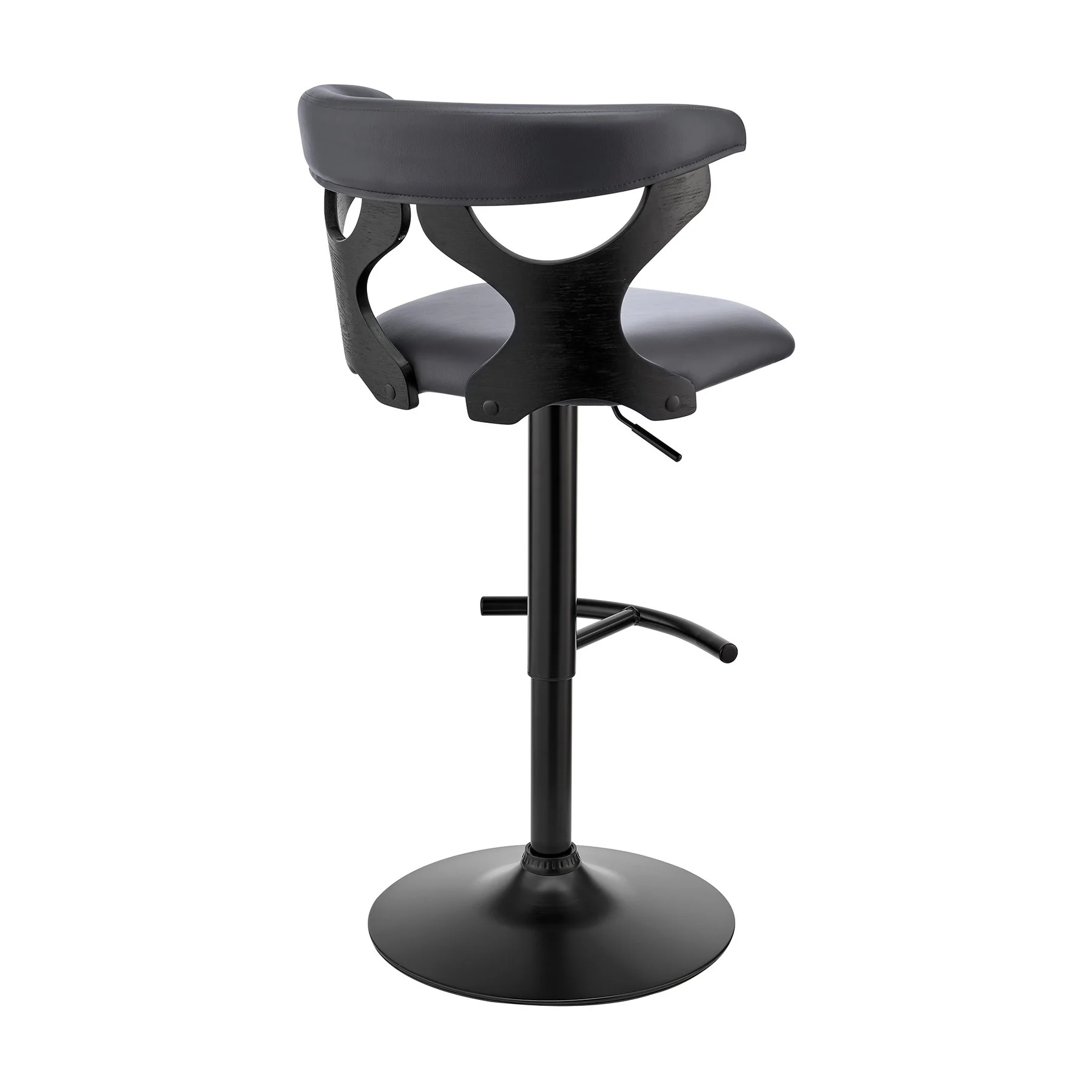 Ruth Adjustable Swivel Gray Faux Leather and Black Wood Bar Stool with Black Base - Image 4