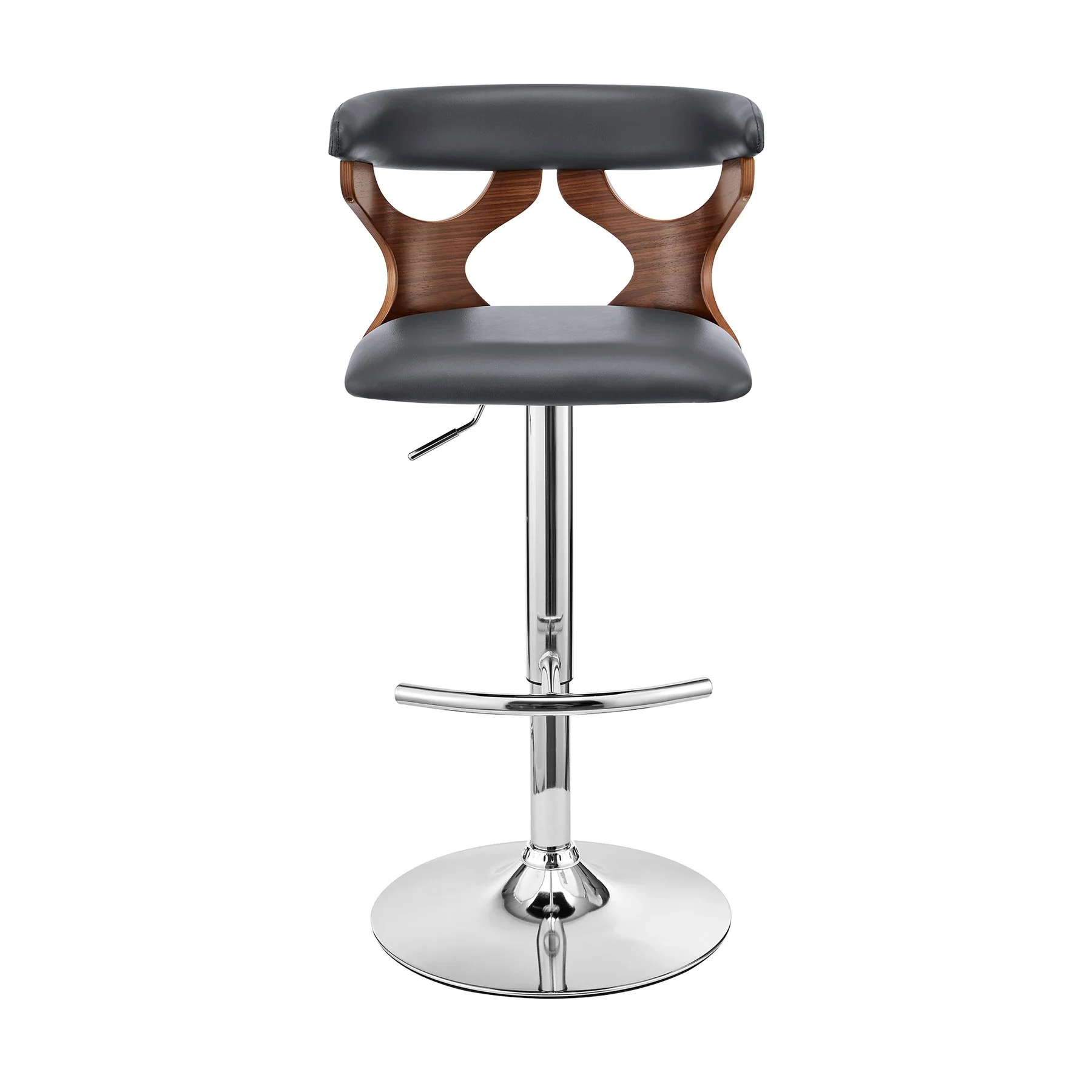 Ruth Adjustable Swivel Gray Faux Leather and Walnut Wood Bar Stool with Chrome Base - Image 2