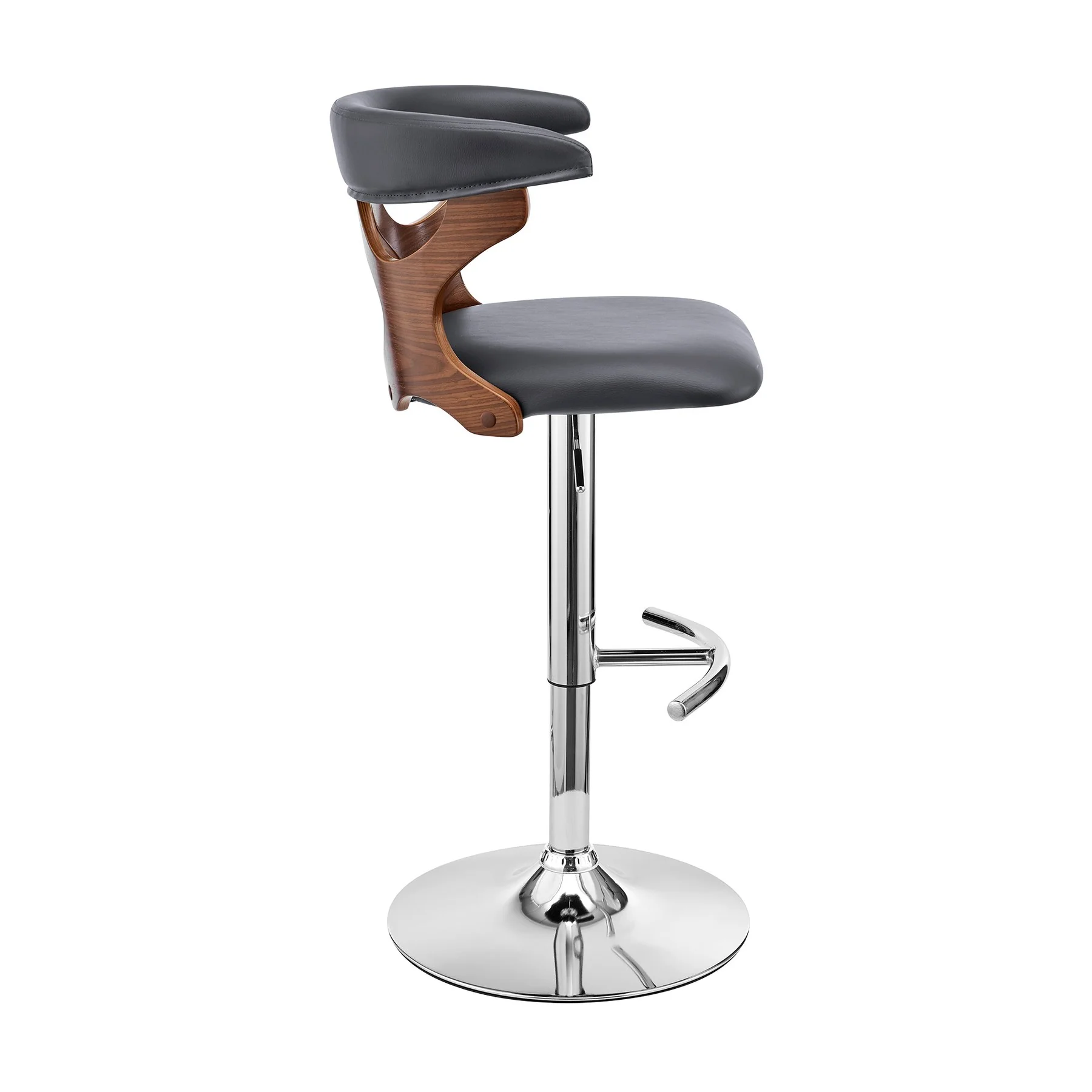 Ruth Adjustable Swivel Gray Faux Leather and Walnut Wood Bar Stool with Chrome Base - Image 3