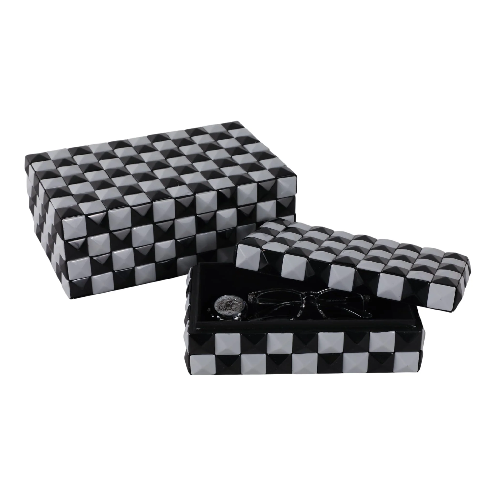 S/2 10/12" 3d Checkerboard Boxes, Black/white - Image 2