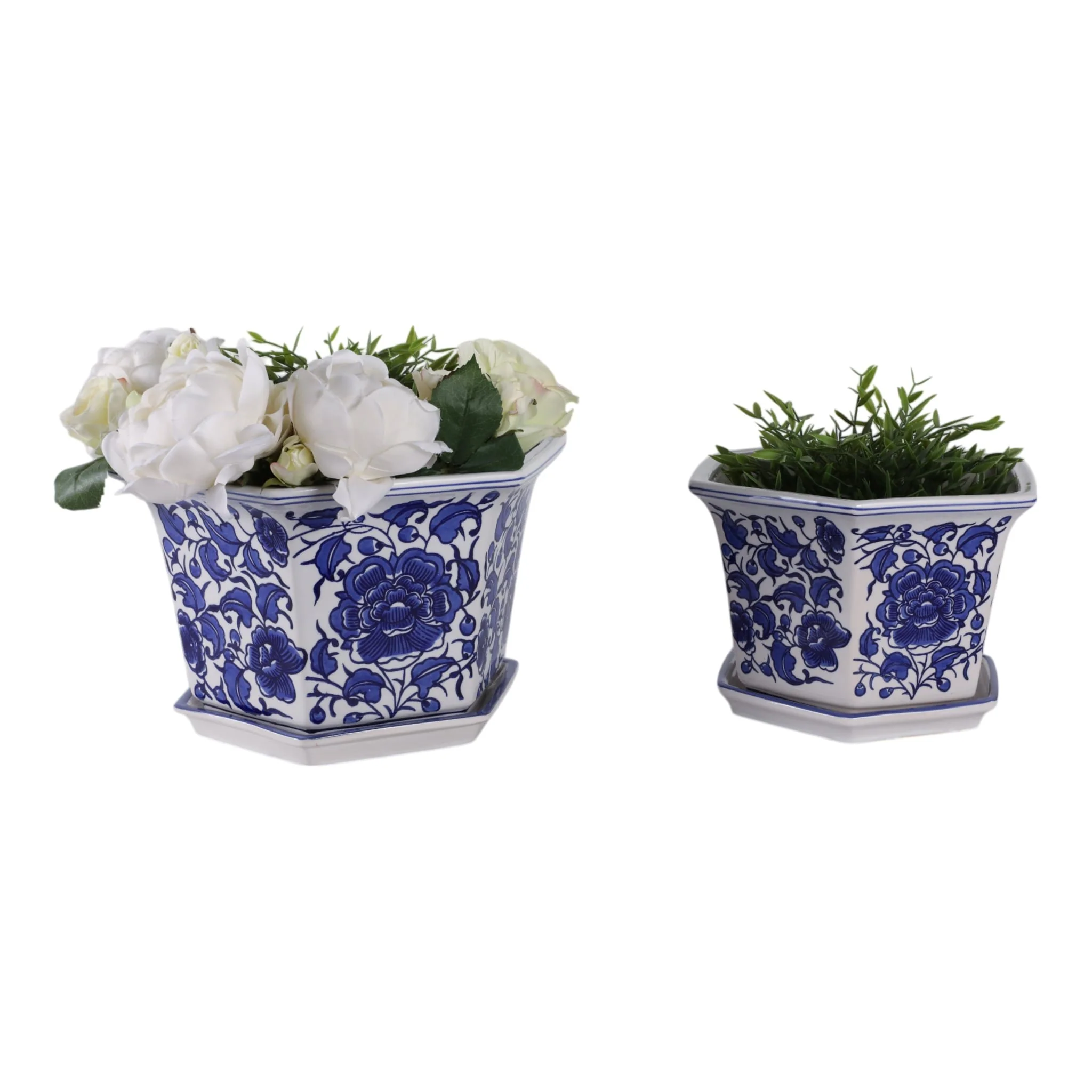 S/2 10/12" Chinoiserie Saucer Planter, Blue/white - Image 2
