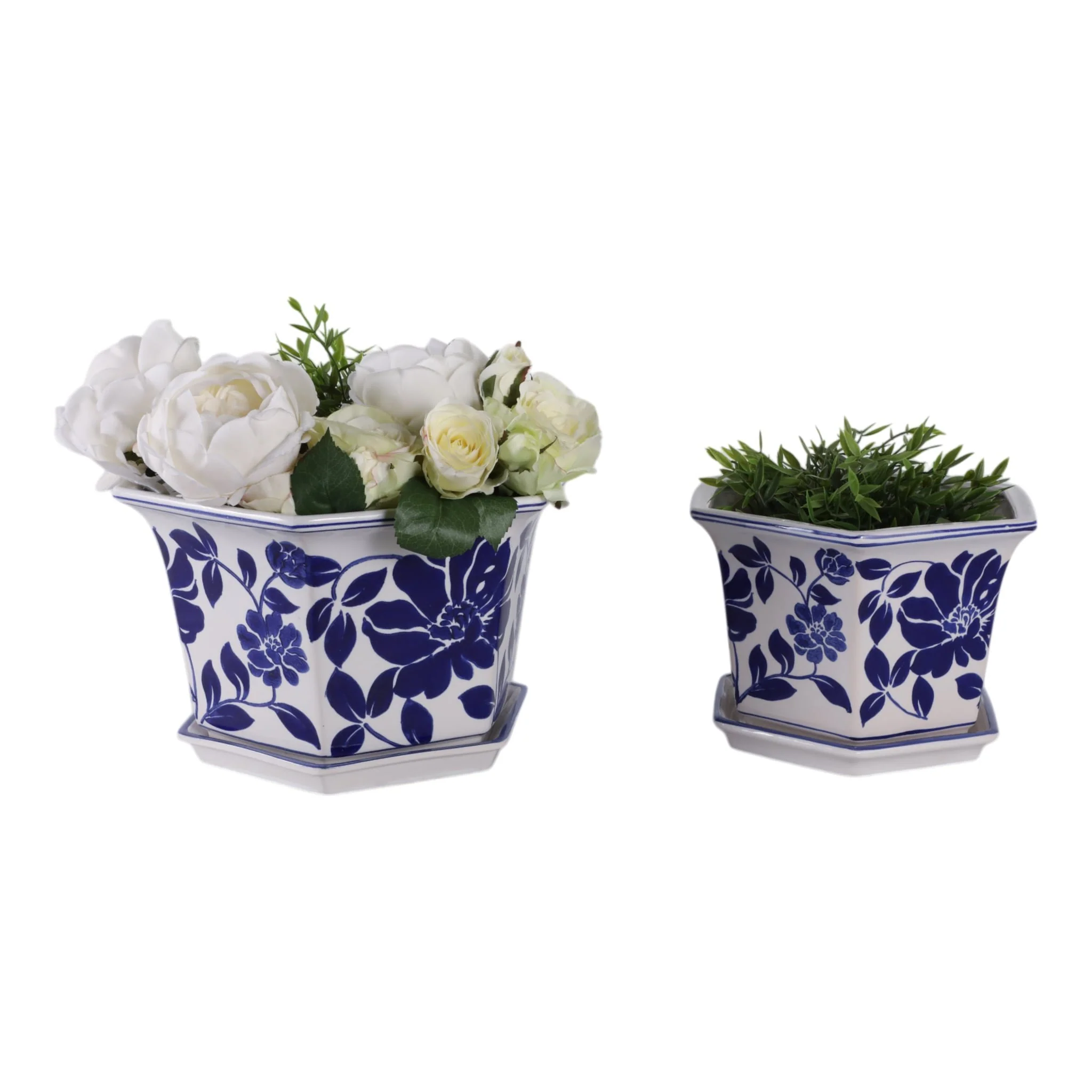 S/2 10/12" Chinoiserie Saucer Planter, Blue/white - Image 2