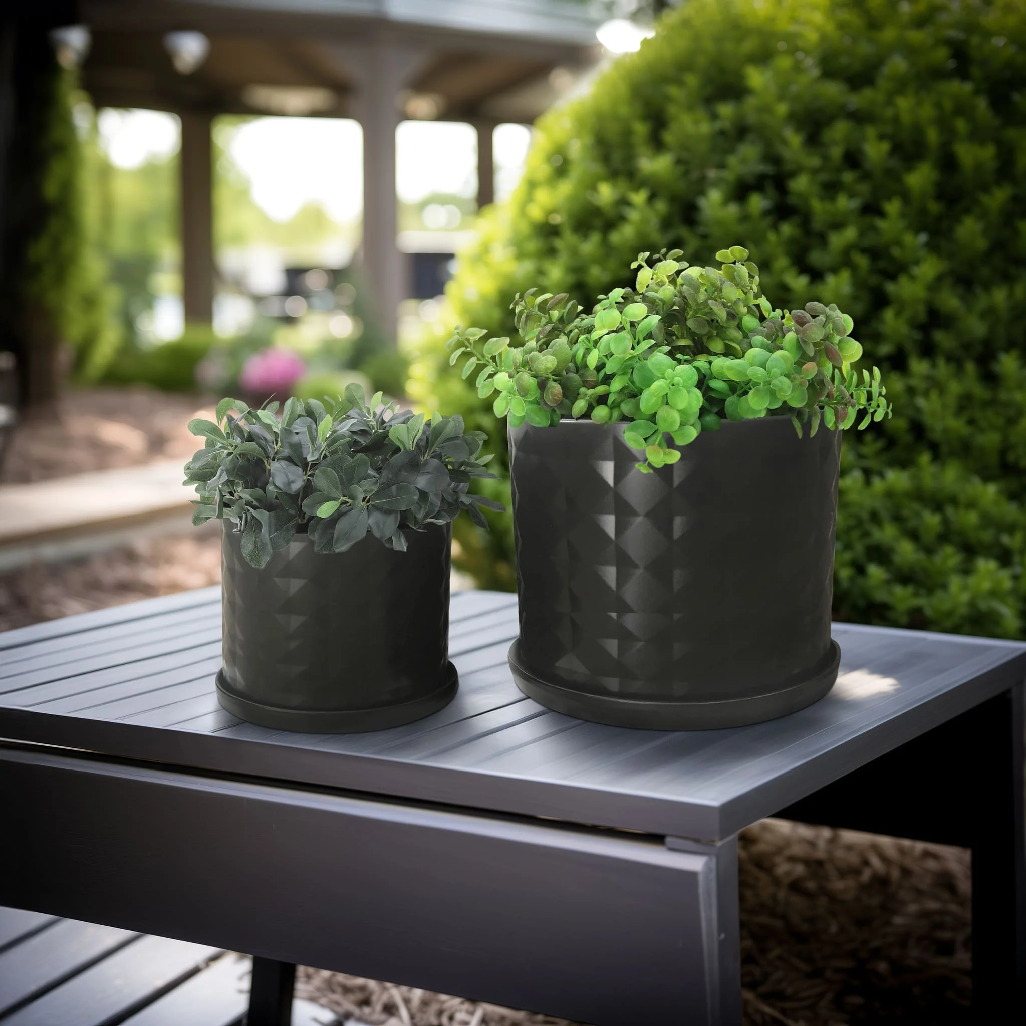 S/2 10/12" Diamond Planter W/ Saucer, Black - Image 7