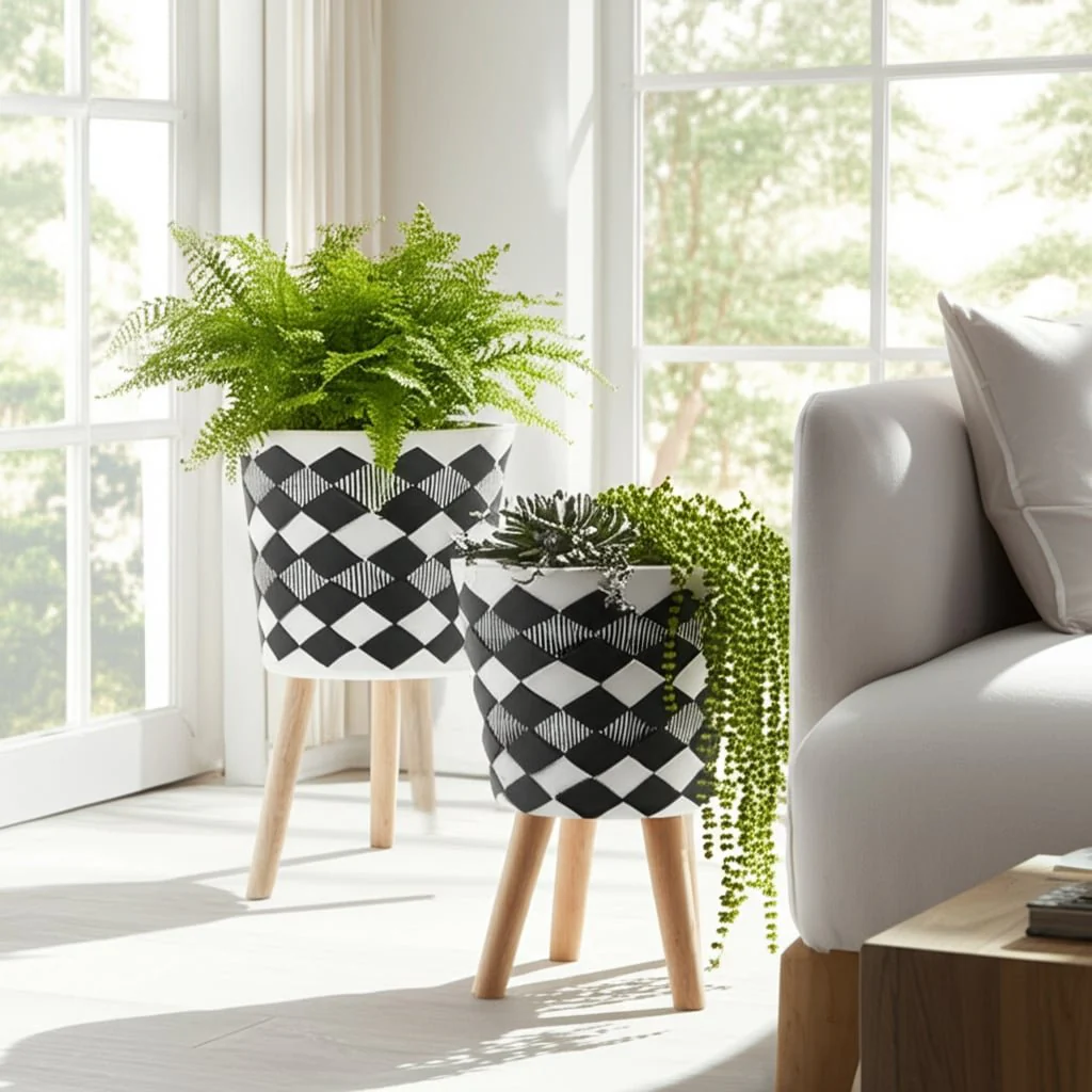 S/2 10/12" Diamond Planter W/ Wood Legs, Black(kd) - Image 11