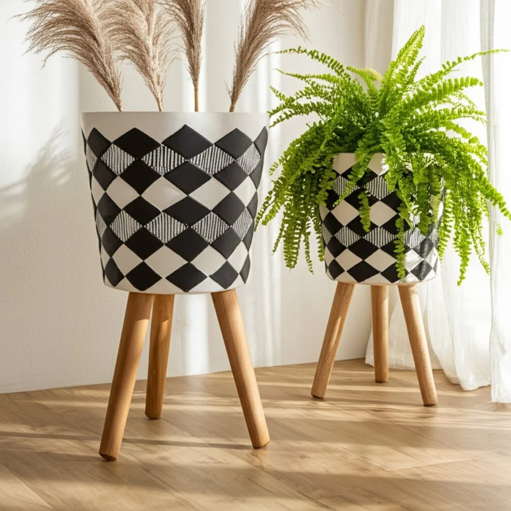 S/2 10/12" Diamond Planter W/ Wood Legs, Black(kd) - Image 14
