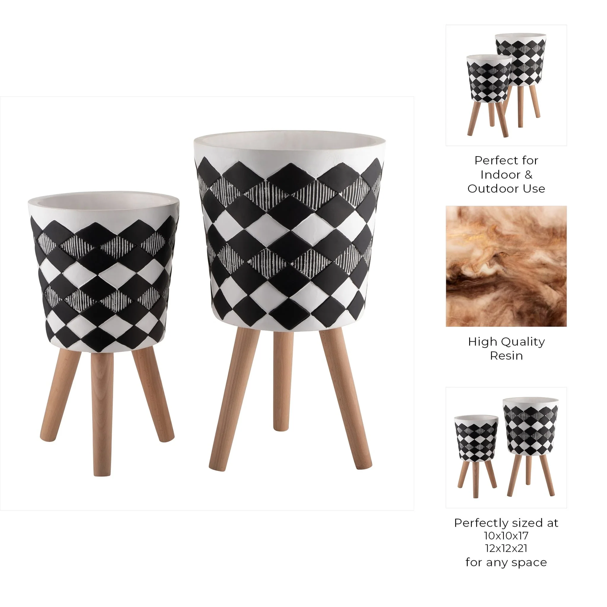 S/2 10/12" Diamond Planter W/ Wood Legs, Black(kd) - Image 9
