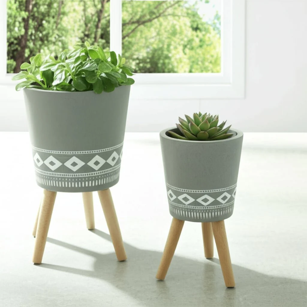 S/2 10/12" Diamond Planter W/ Wood Legs, Gray (kd) - Image 11