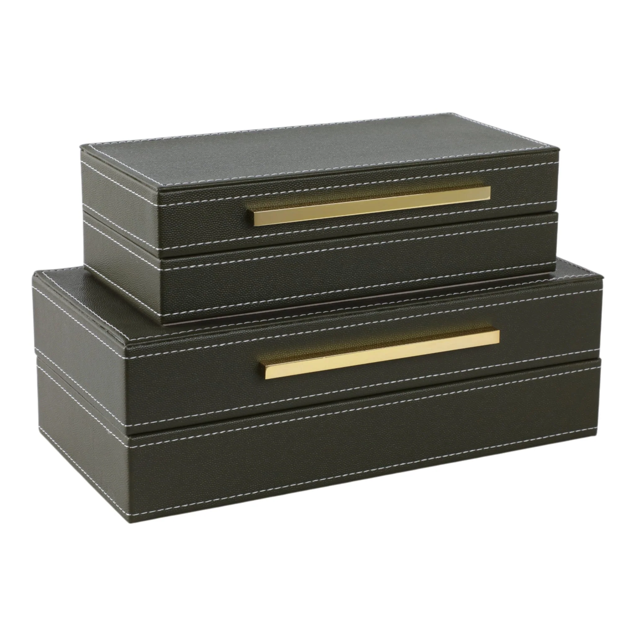 S/2 10/12" Faux Leather Stitched Edge Boxes Green - Image 4