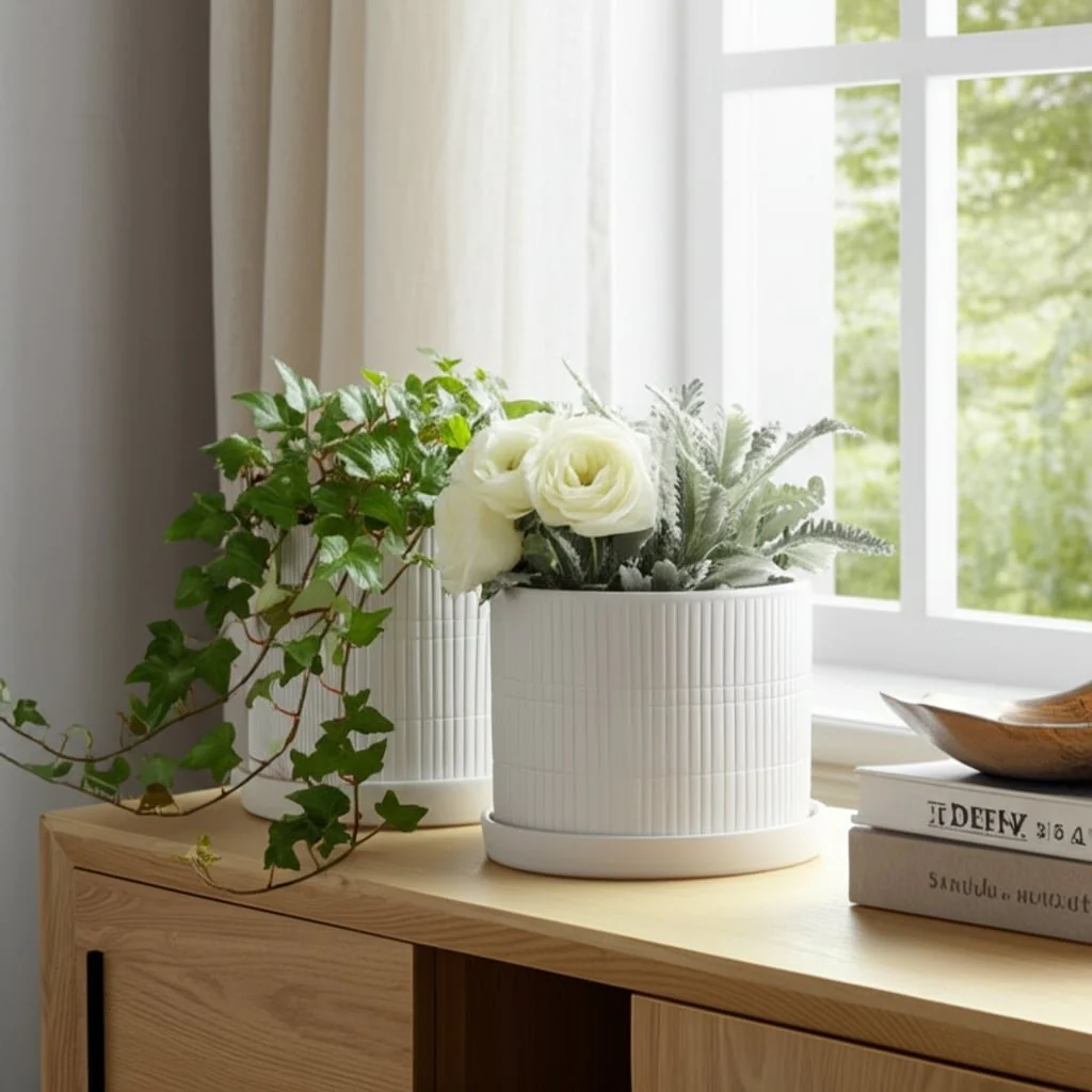S/2 10/12" Line Textured Planter, White - Image 11