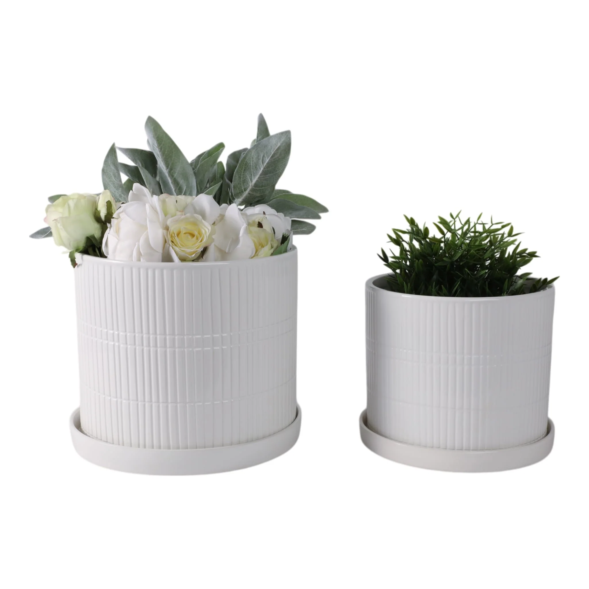 S/2 10/12" Line Textured Planter, White - Image 2