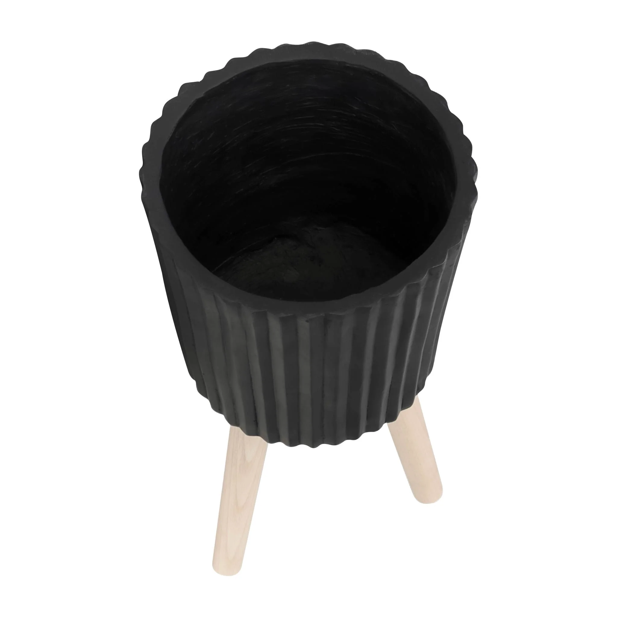 S/2 10/12" Ridged Planter W/ Wood Legs, Black (kd) - Image 4