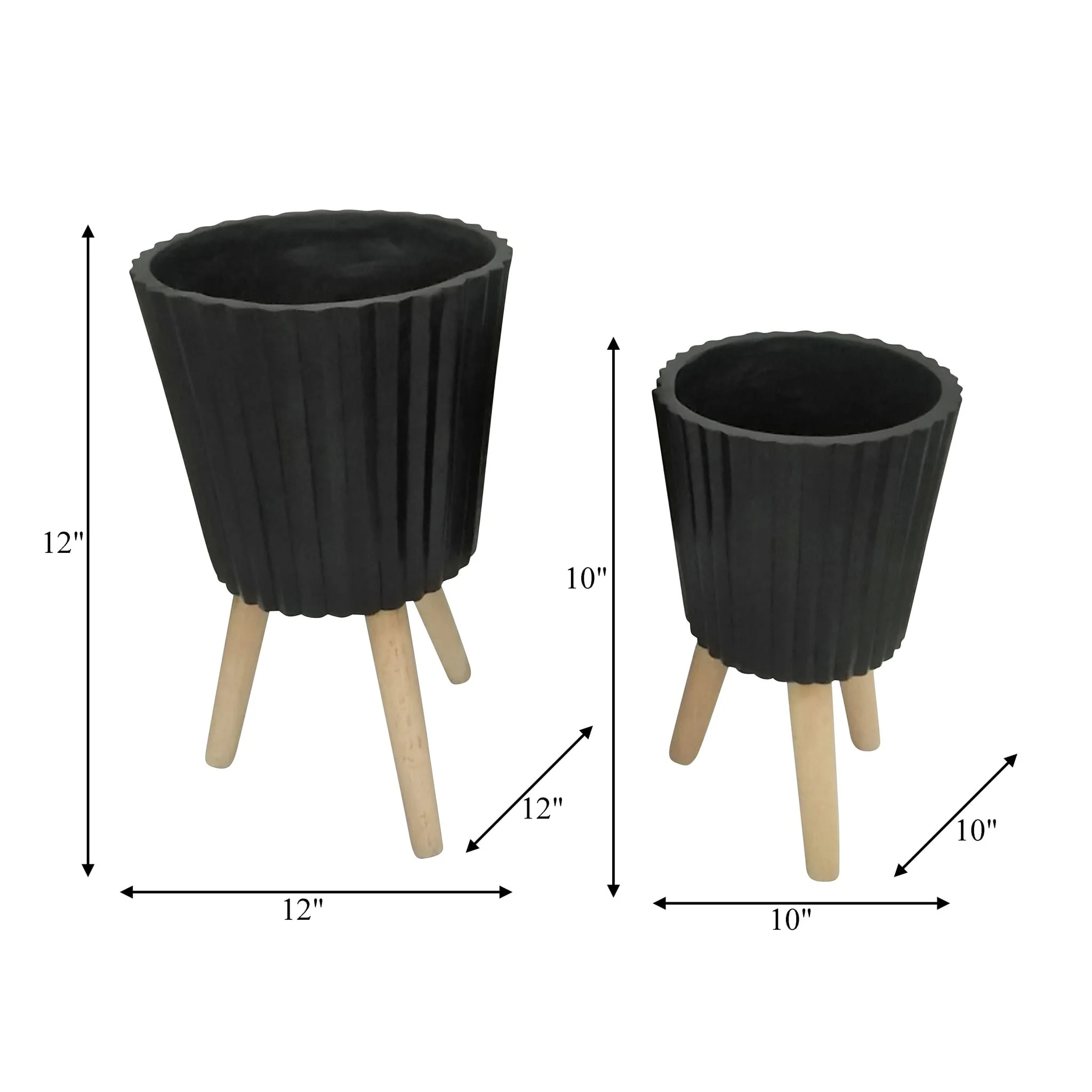 S/2 10/12" Ridged Planter W/ Wood Legs, Black (kd) - Image 8
