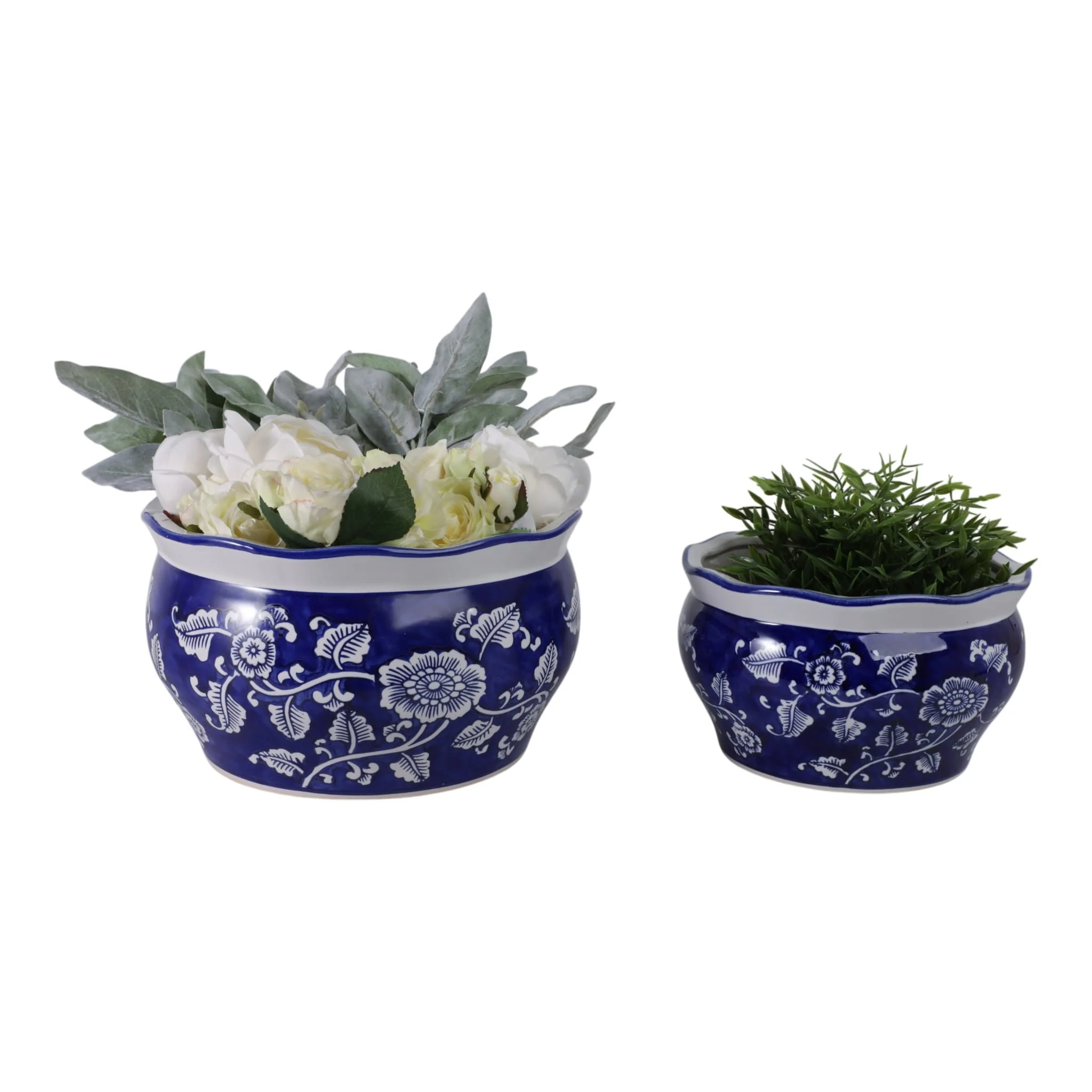 S/2 10/12" Round Chinoisere Planters, Blue/wht - Image 2