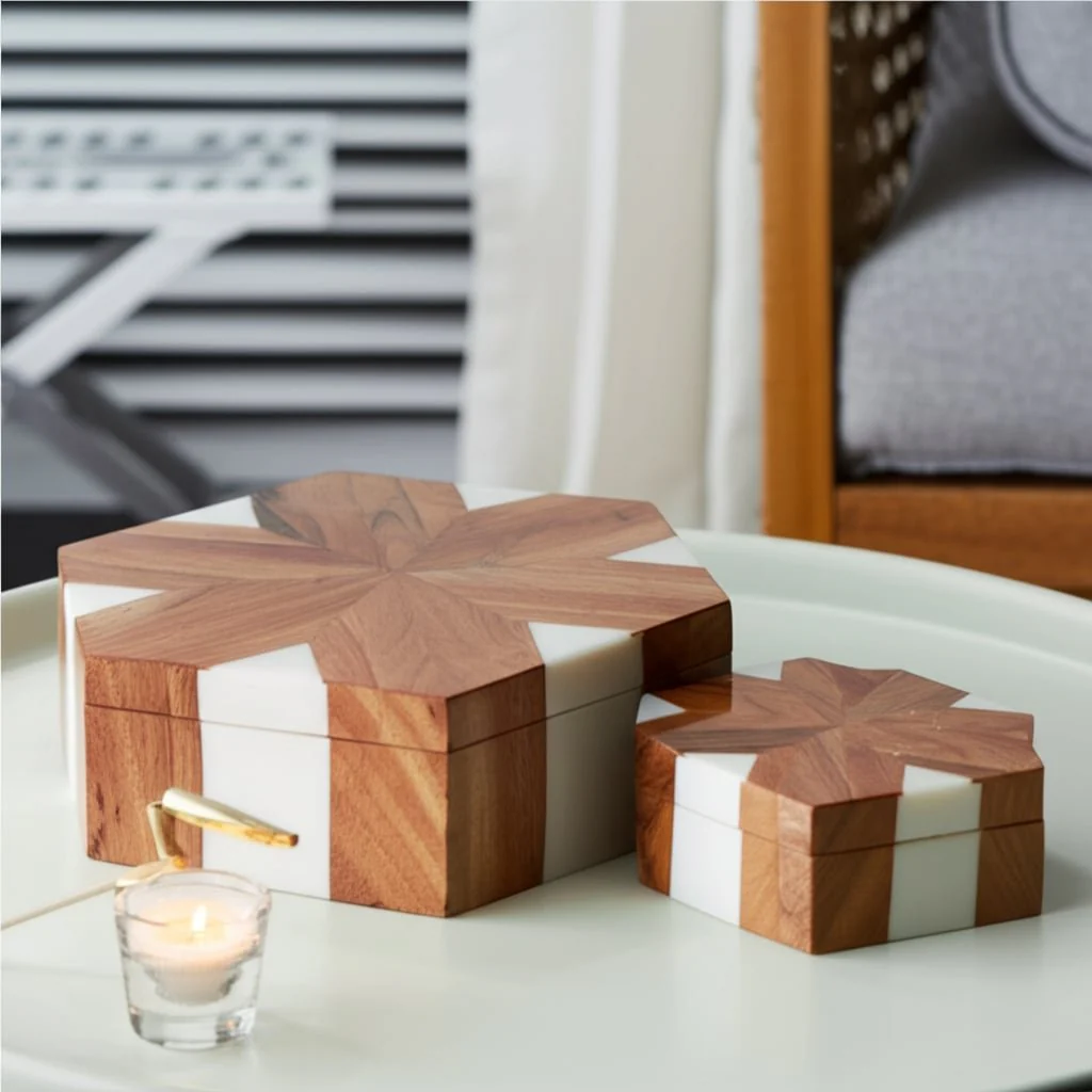 S/2 10/12" Wood Inlay Hexagon Boxes, Natural/white - Image 4