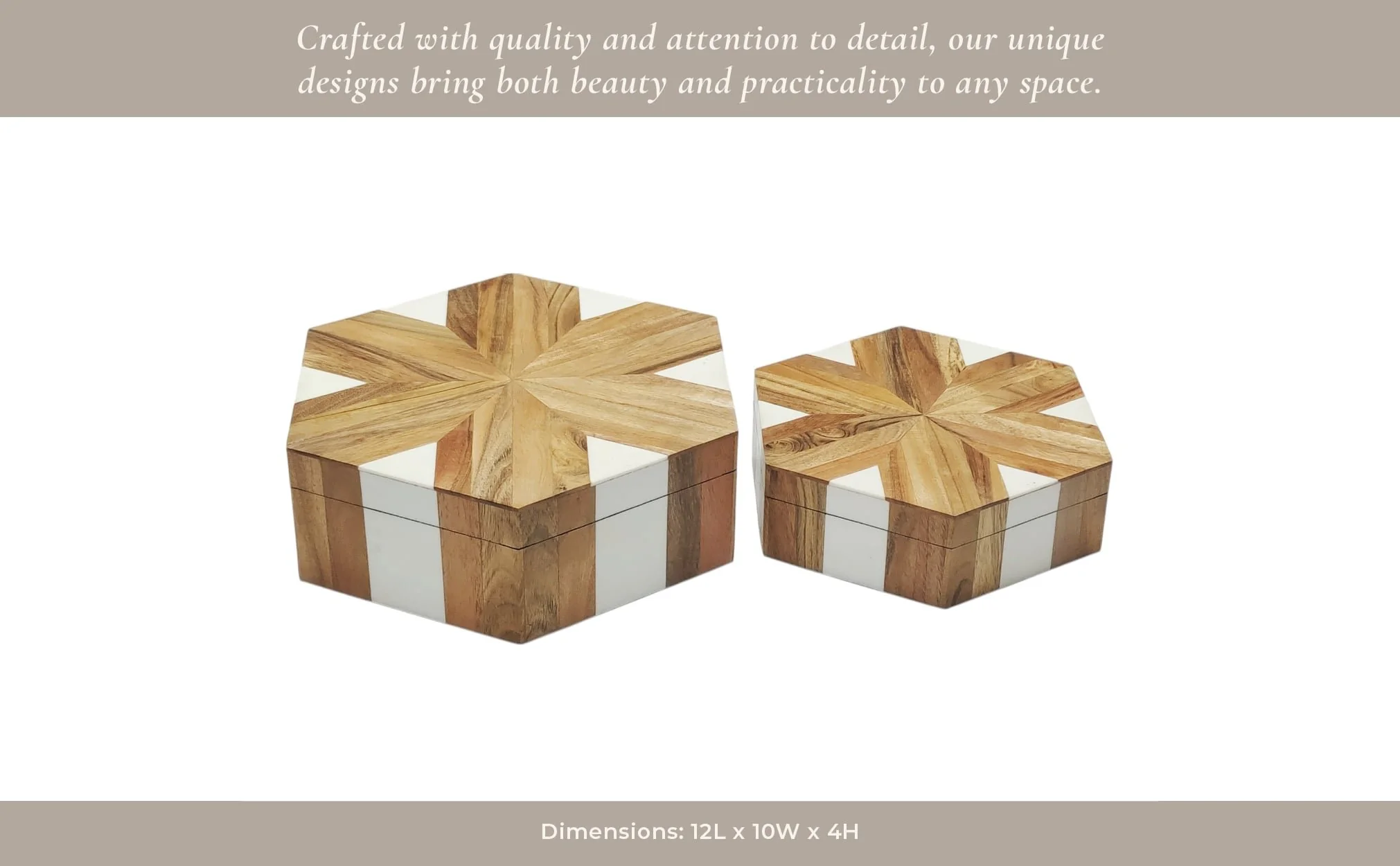 S/2 10/12" Wood Inlay Hexagon Boxes, Natural/white - Image 5