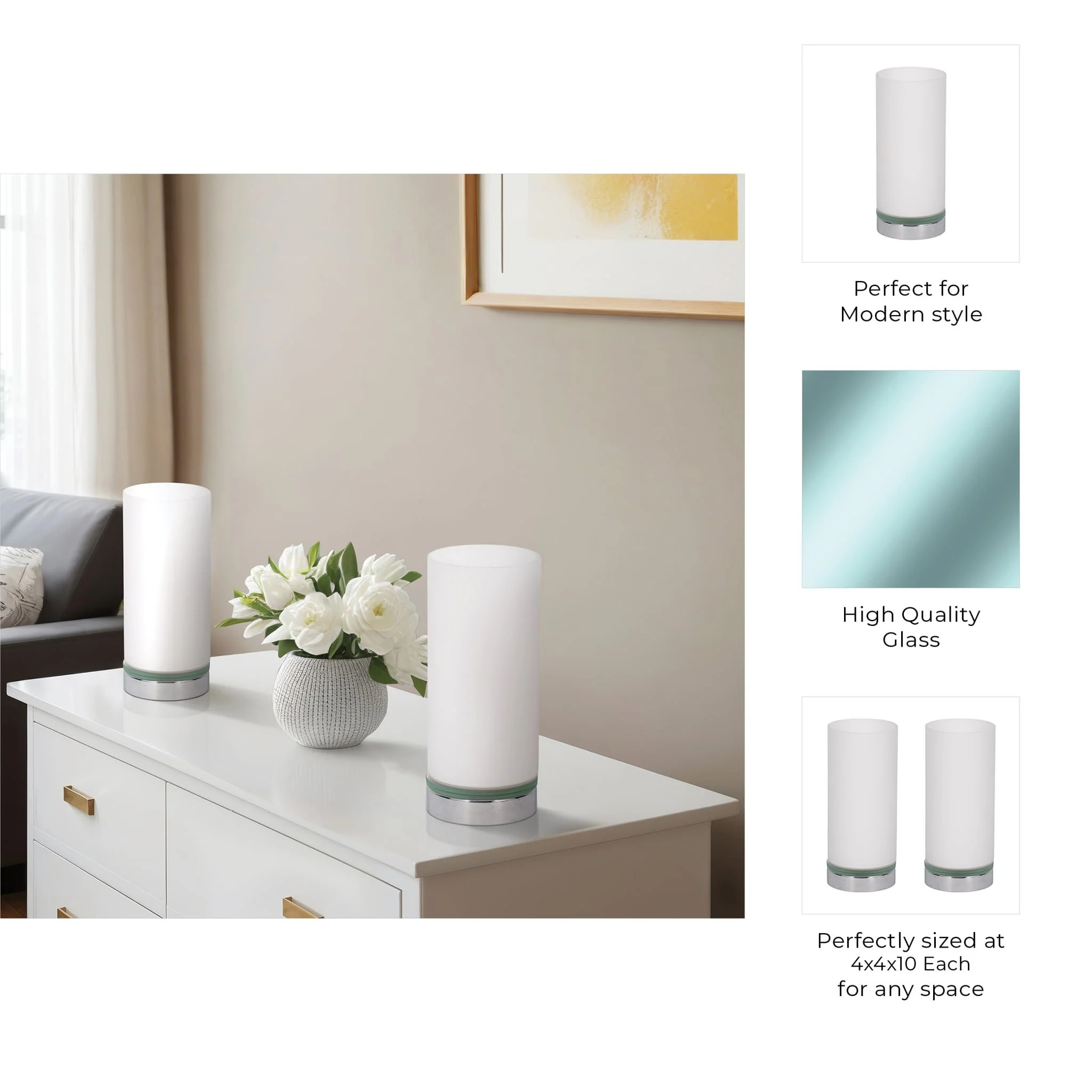 S/2 10" Glass Touch Table Lamps, White - Image 7