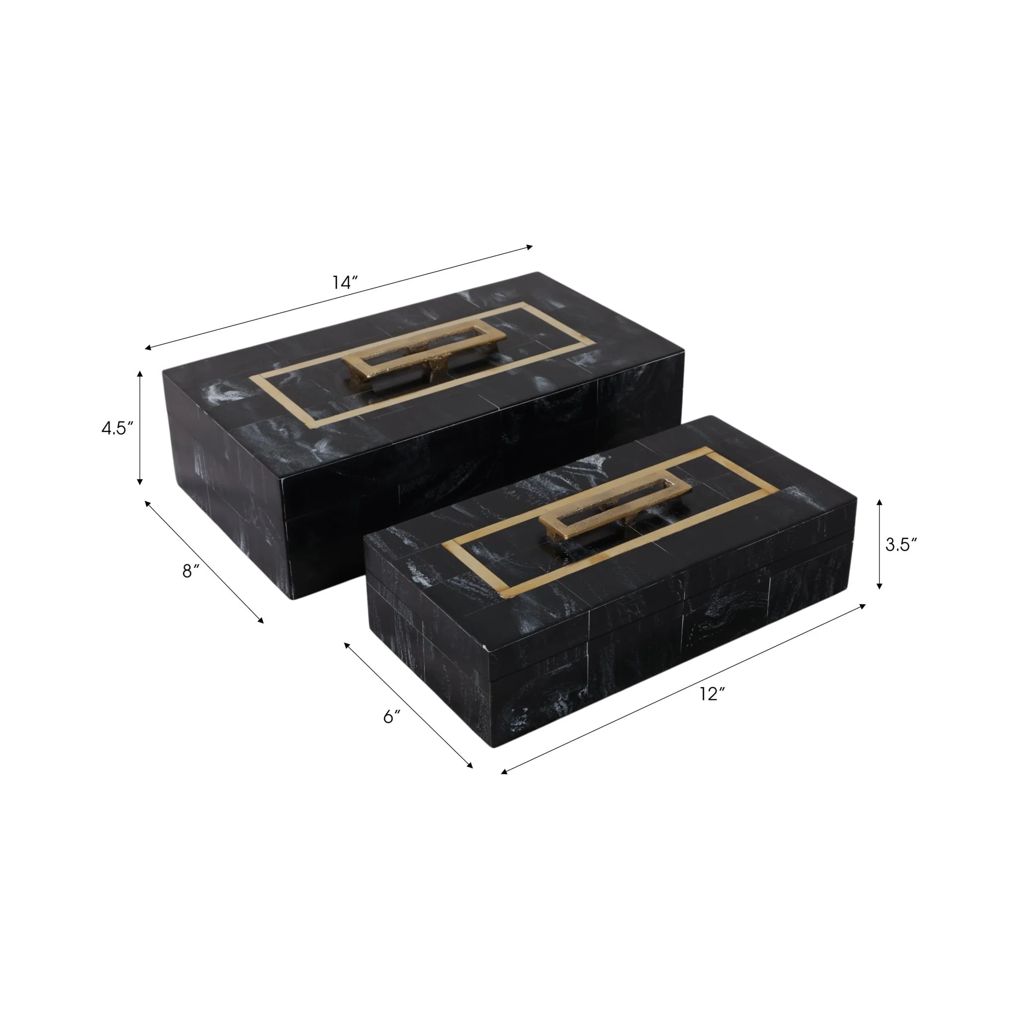 S/2 12/14" Brass Inlay Boxes With Hardware, Black - Image 3
