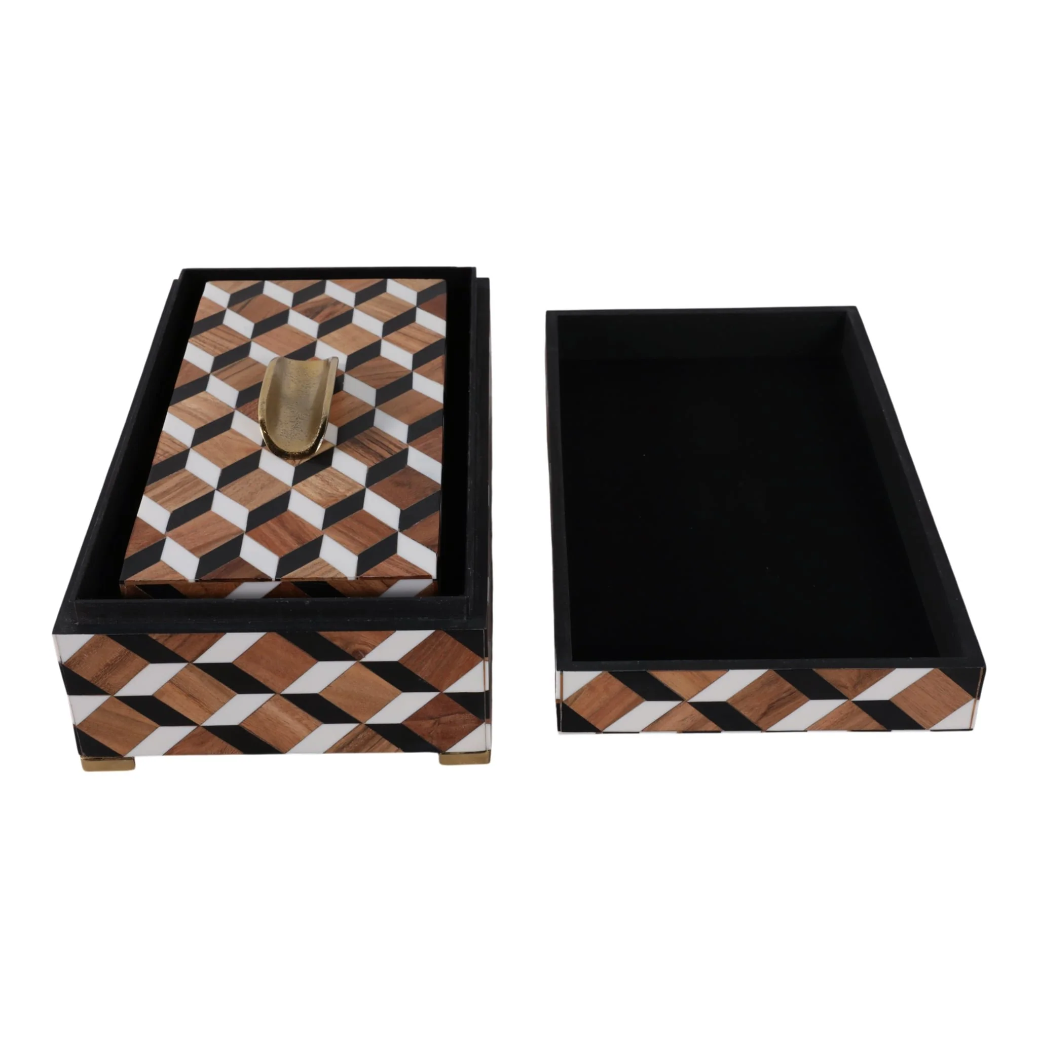 S/2 12/14" Geo Print Footed Boxes, Black/brown - Image 3