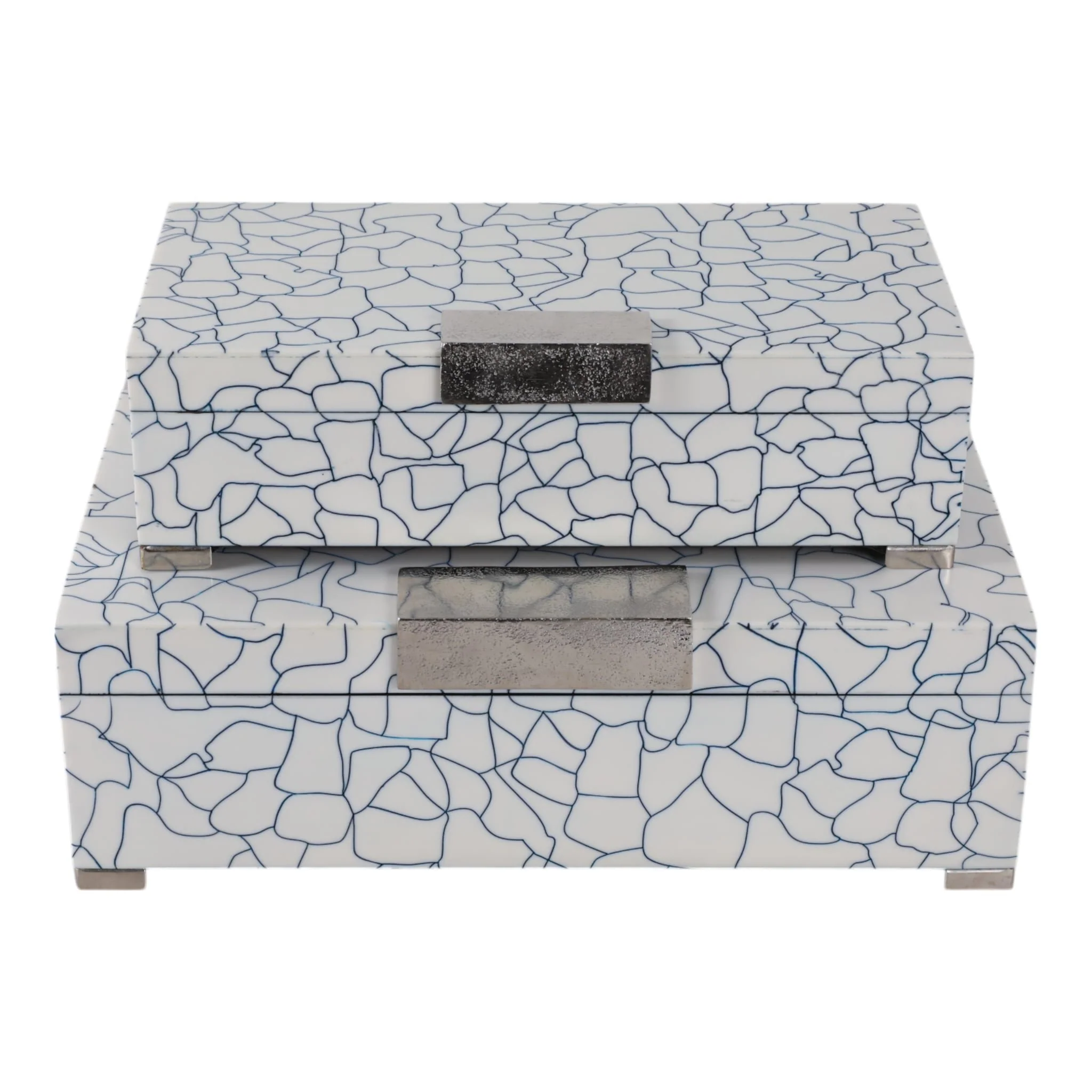 S/2 12/14" Squiggle Lines Footed Boxes, Navy/white - Image 2