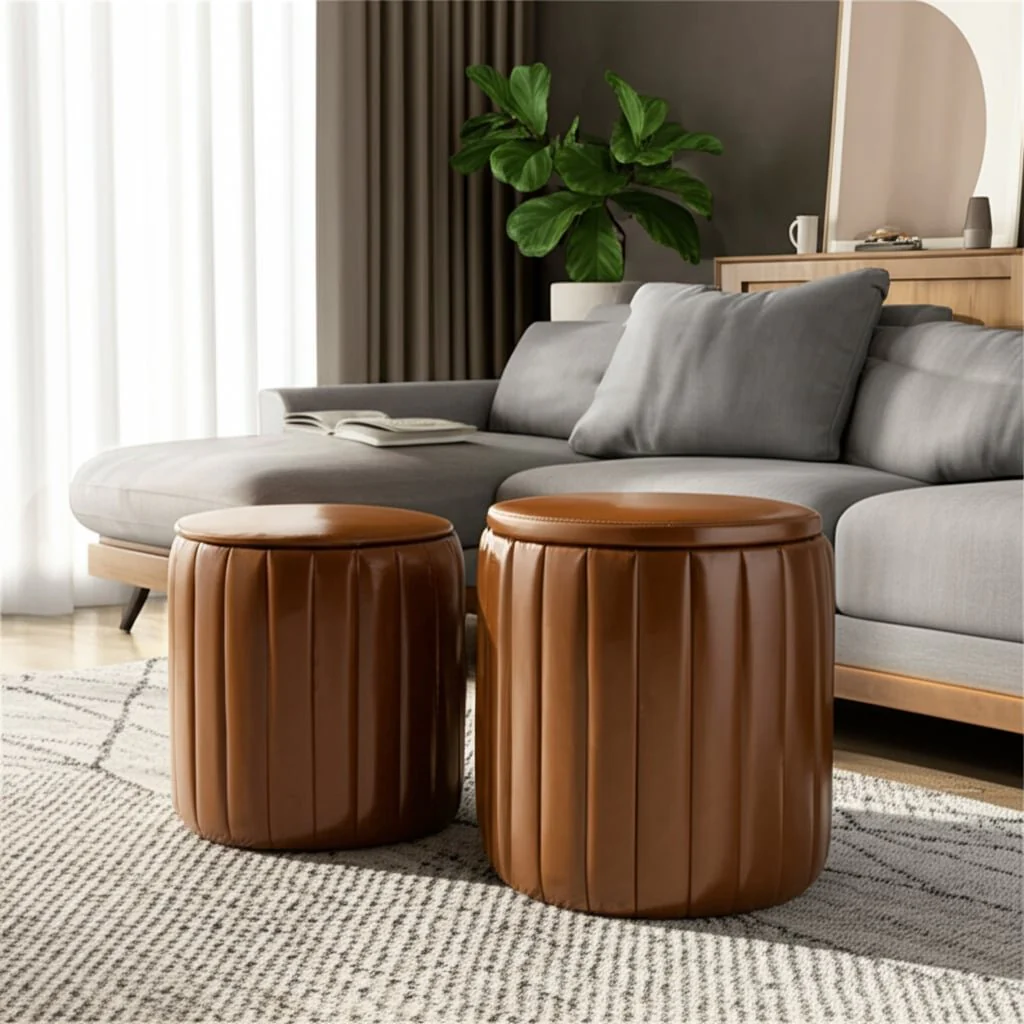 S/2 15/18" Channeled Faux Leather Ottoman, Brown - Image 10