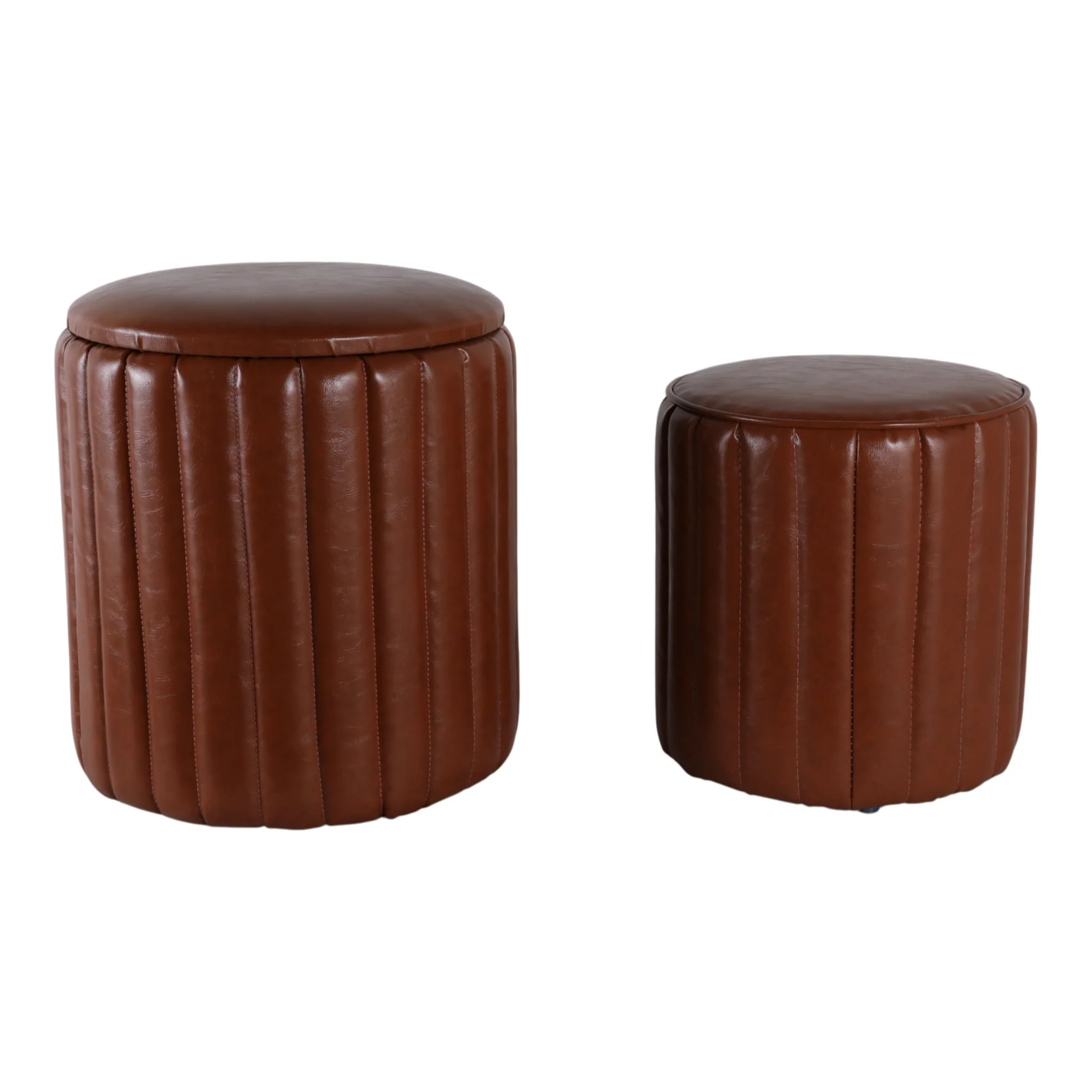 S/2 15/18" Channeled Faux Leather Ottoman, Brown - Image 3