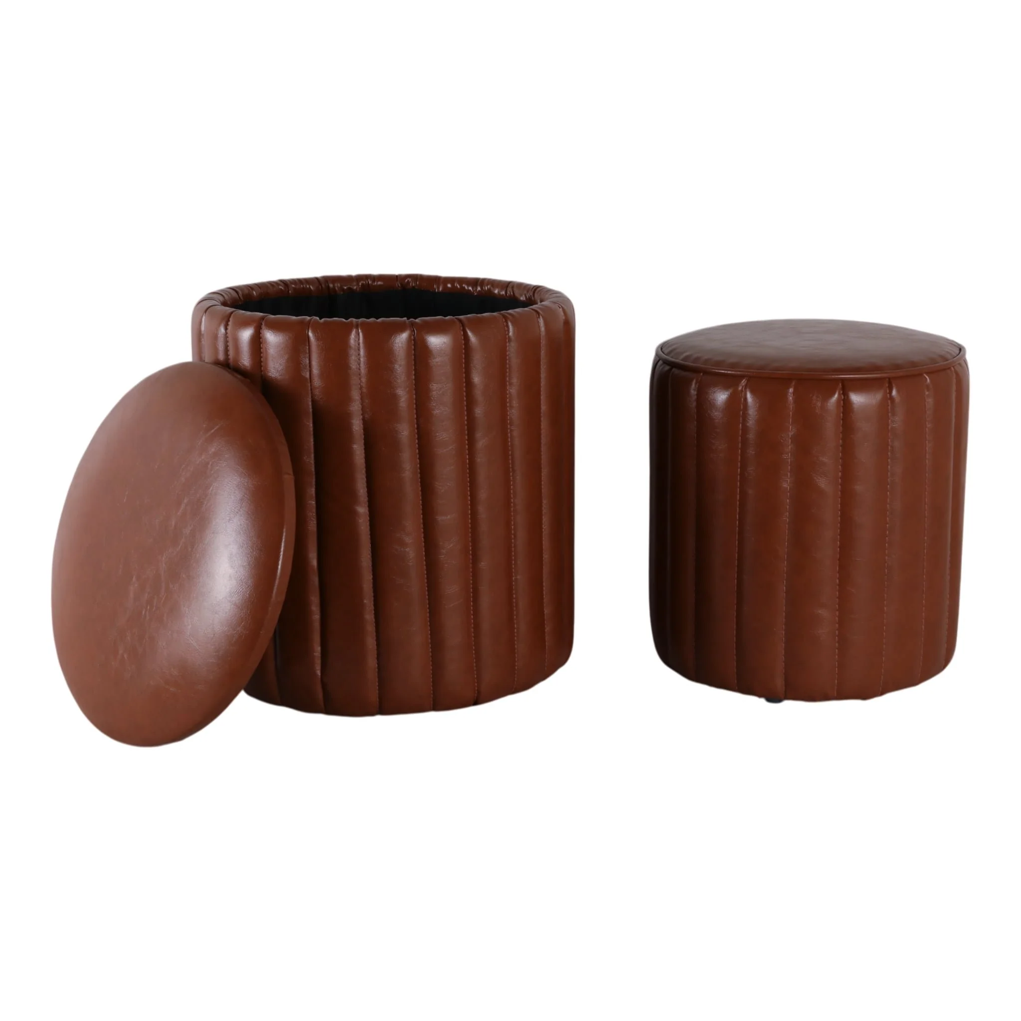 S/2 15/18" Channeled Faux Leather Ottoman, Brown - Image 7