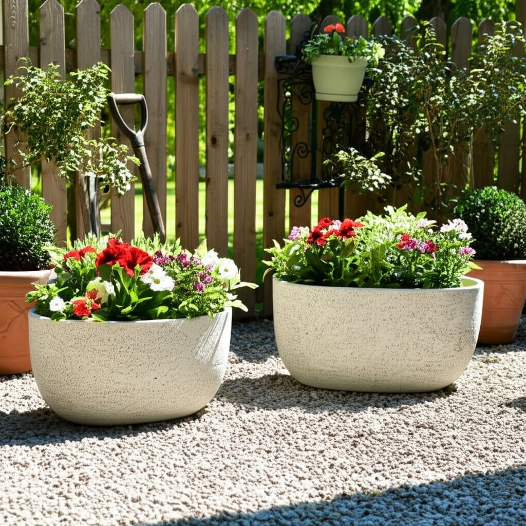S/2 18/22" Oblong Cement Texture Resin Planters - Image 10
