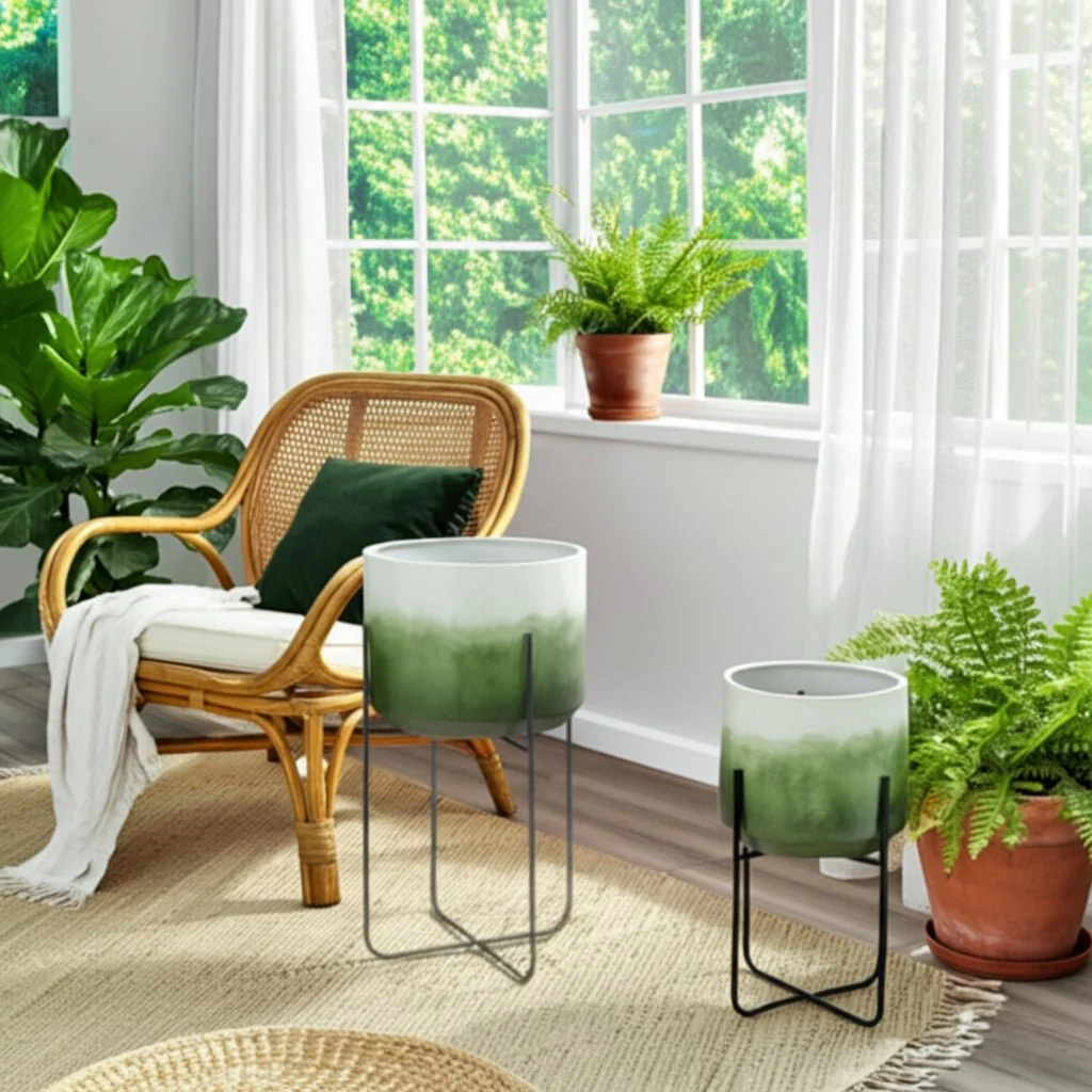 S/2 19/23" Gradient Metal Planters On Stands, Gree - Image 9