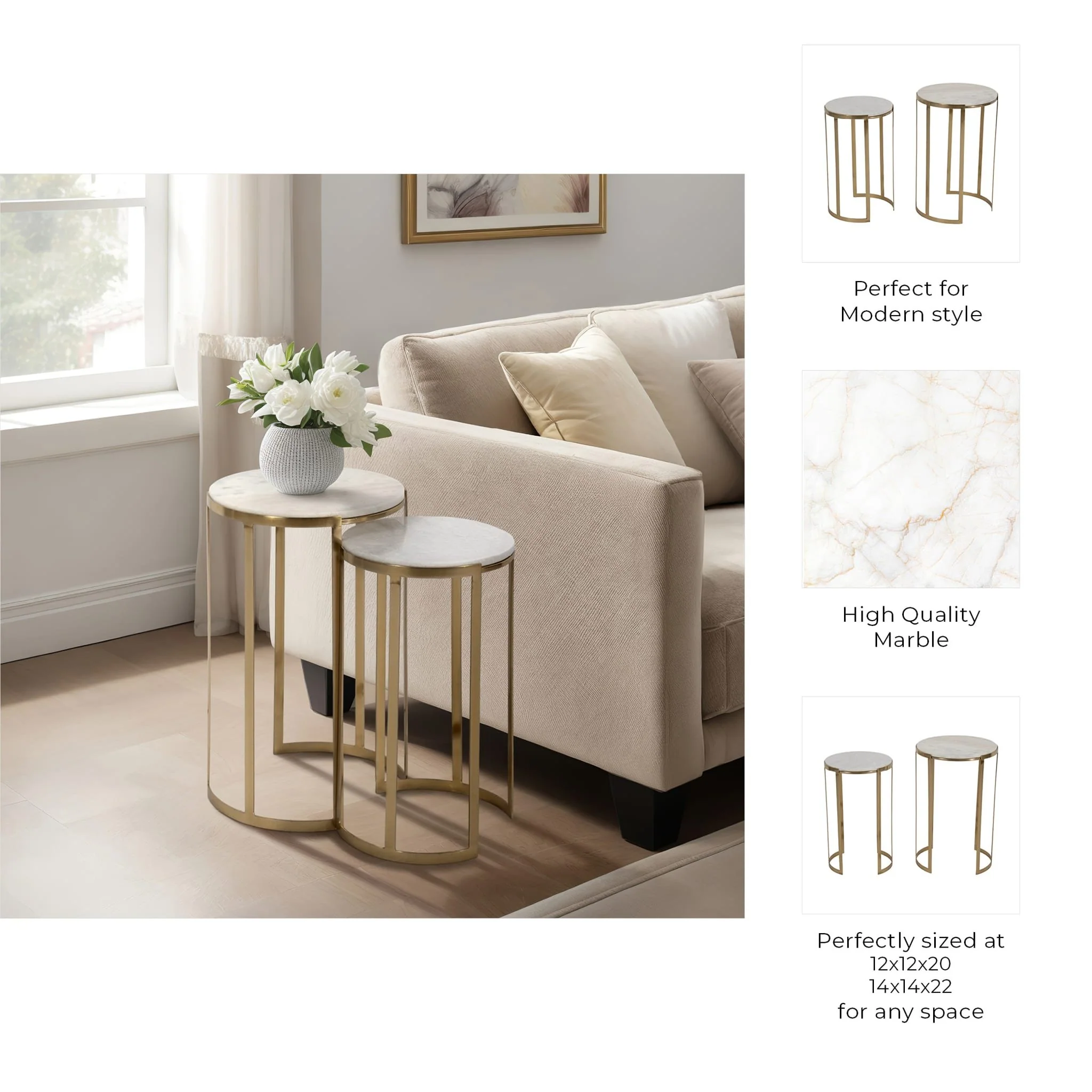 S/2 20/22" Morwar Marble Top Accent Tables, White/ - Image 10